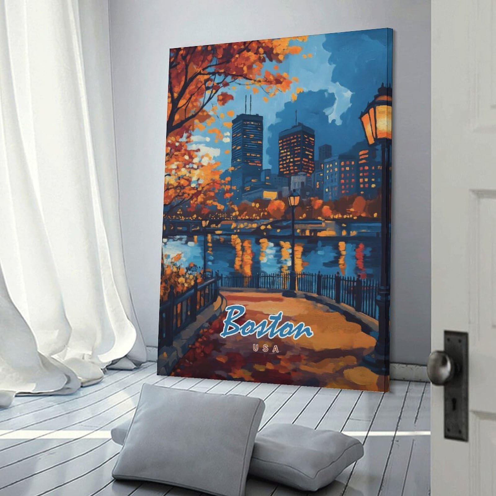 Junmoney Boston Cityscape Painting Hanging Wall Art 24x36inch(60x90cm), for Study, Office Or Focused Interiors, Wall Art That Adds Style to Work Areas