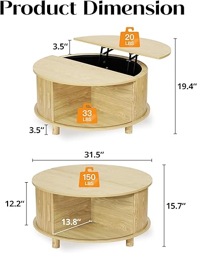 Miniatura 3 de Mesa de centro redonda con parte superior elevable, mesa de centro circular pequeña con almacenamiento, mesa central moderna de mediados de siglo