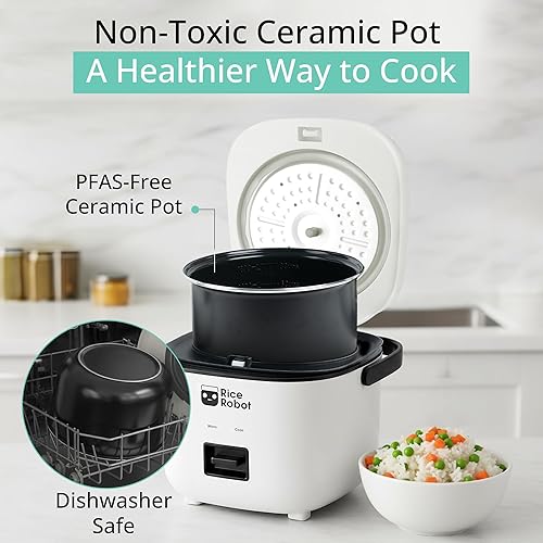 Miniatura 2 de Rice Robot - Arrocera personal, sin PFAS, antiadherente. Capacidad de 1 cuarto, con bandeja de vapor de acero inoxidable, tazas medidoras, libro de