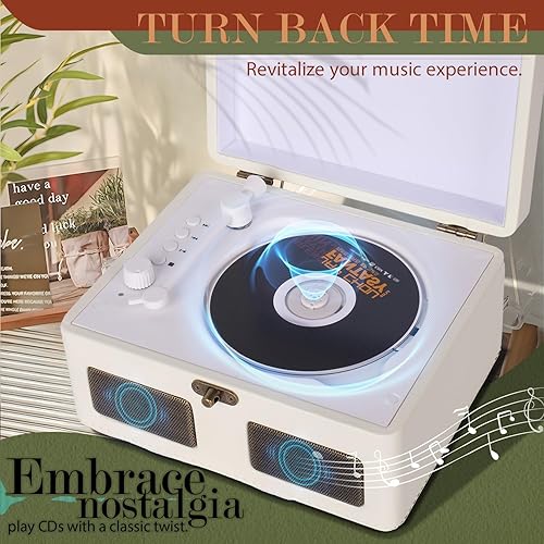 Miniatura 6 de RetroBeat Time Vintage - Caja de música portátil - CD con altavoces, transmisor Bluetooth, recargable, USBAUX, regalo multimodo (blanco)