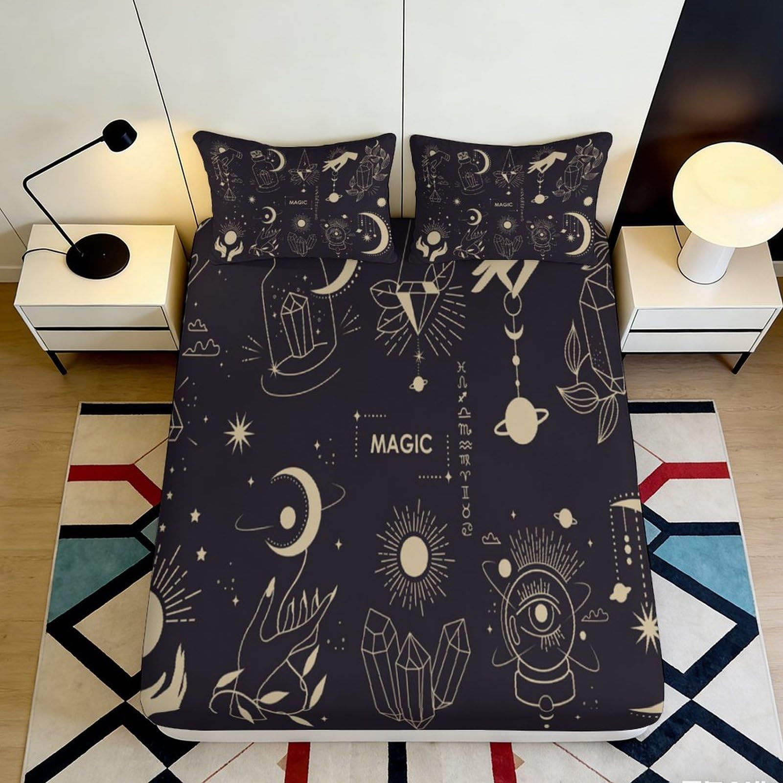 3D Printed Magic Star Fitted Sheet Microfiber Deep Pocket Non-Slip Full Wrap Magic Stars Mattress Fitted Cover for Bedroom Adults Teens 200x200x25cm 90x200x25cm