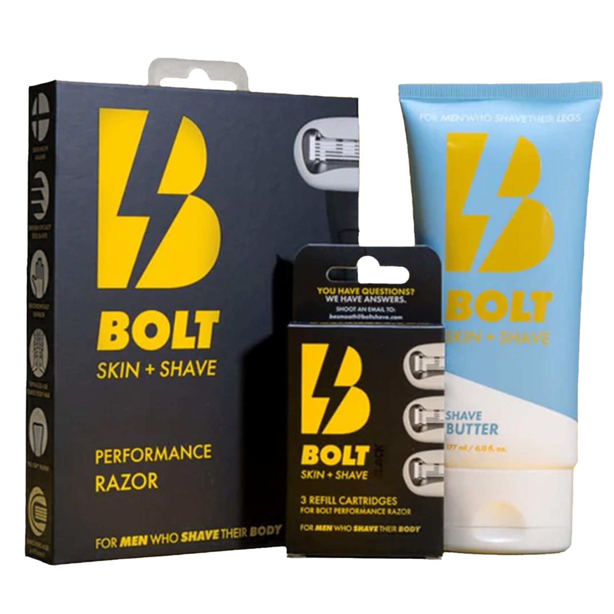 BOLT Skin Shave - Starter Kit Black Edition - Performance Razor Shave Butter 3 Refill Cartridges - Smooth