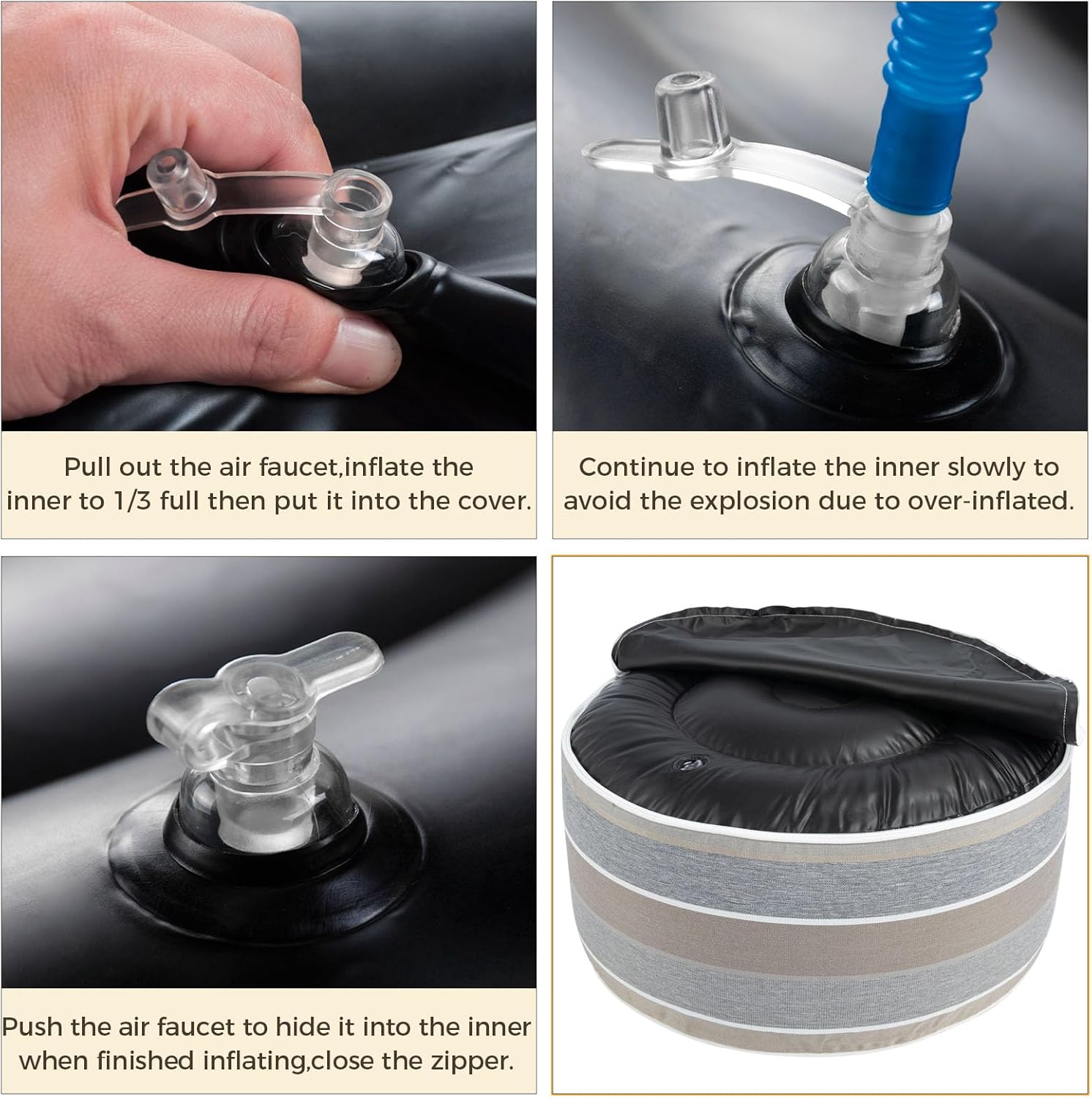 FUNHOME Inflatable Ottoman Stool D20xH9,Portable Round Pouf for Indoor/Outdoor Use,Foot Rest or Seating for Kids&Adults,Ideal for Camping or Home(Gray Stripe)