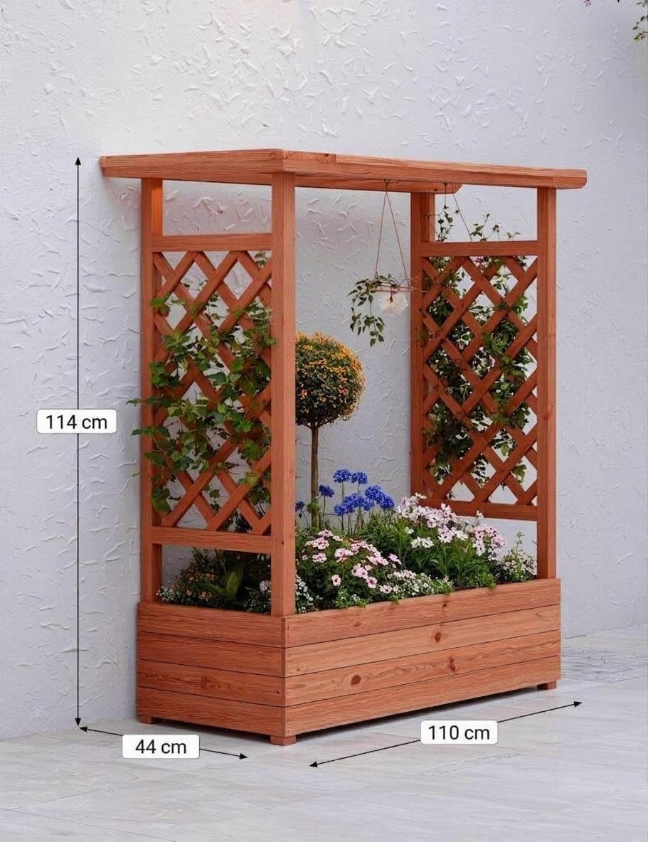 Acekool Hochbeet Mit Rankgitter & Dach, Für Kletterpflanzen & Weinreben | Blumenkasten Mit Spalier & 4 Abflusslöchern, Pflanzkasten Aus Holz, Vertikaler Pflanzer