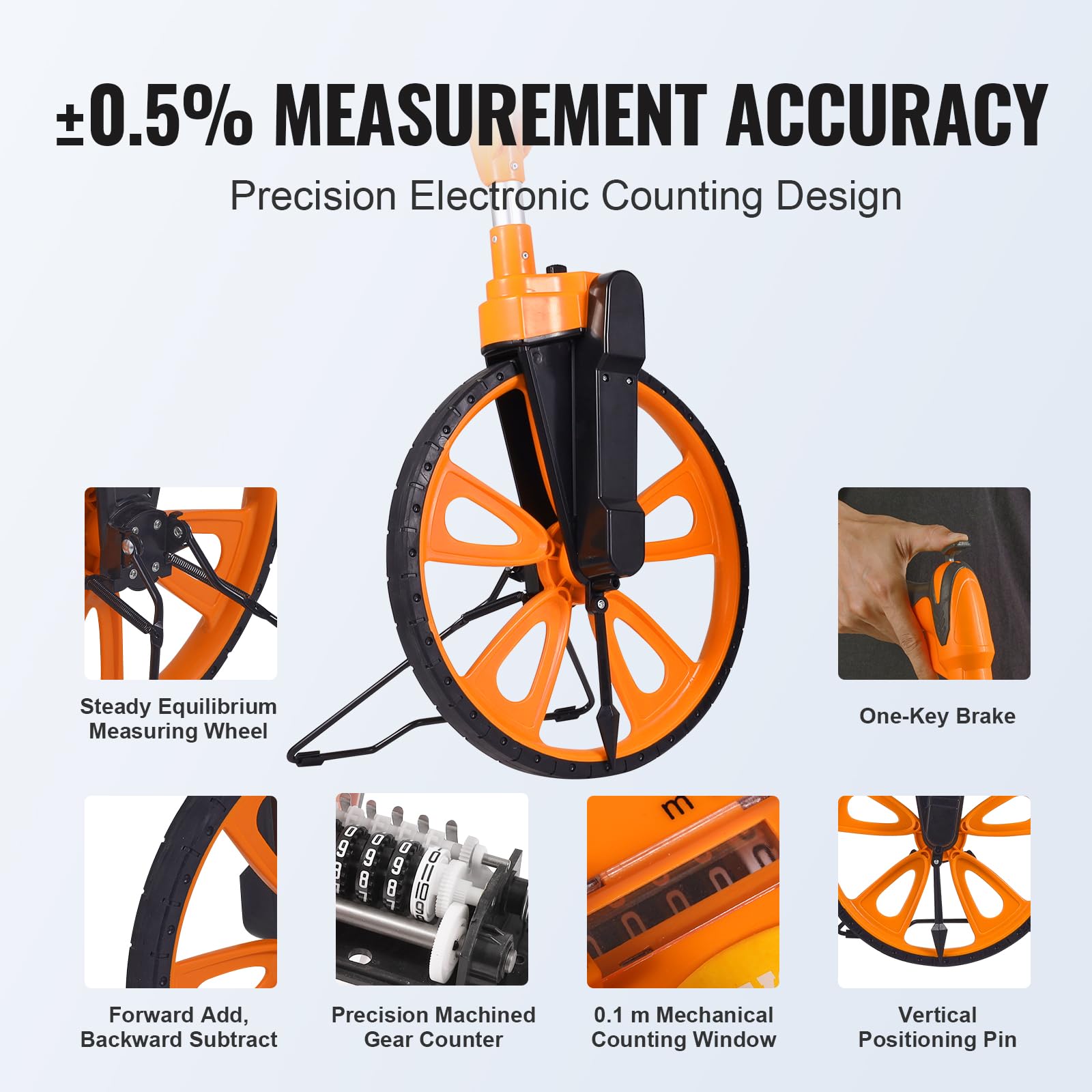 VEVOR Messrad 0-9999,9m Präzisions Messrad ±0,5% Messroller Rolltacho mit Teleskopstange 101-52cm Vermessungsrad φ317,5mm Streckenmessgerät aus ABS + Aluminiumoxid inkl. Tragetasche