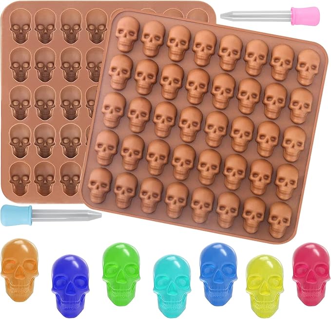 2 Pcs Gummy Skull Candy Molds Silicone Mini Skull Molds 3D Gummie Skull Molds Sugar Mold Skull Chocolate Mold 40 Cavity Non-Stick Candies Mold for Chocolate Cookie Jello Ice Cube With 2 Dropper(Brown)