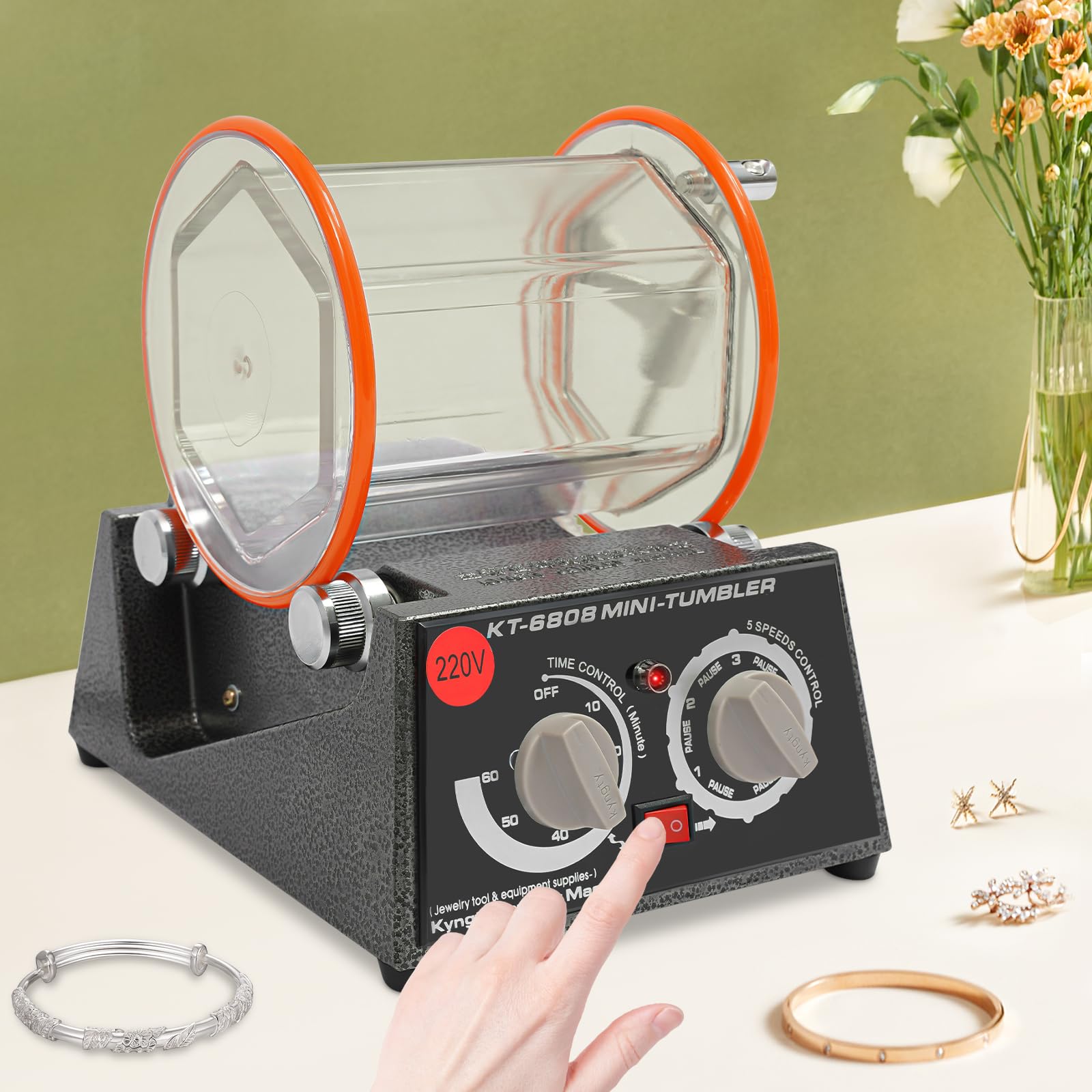 Lucidatrice per gioielli Tamburo di lucidatura mulino a sfere, Rotary Jewelry Tumbler lucidatrice 60 W, lucidatrice per gioielli, 5 velocità, con timer 0-60 minuti, 500-3000 RPM