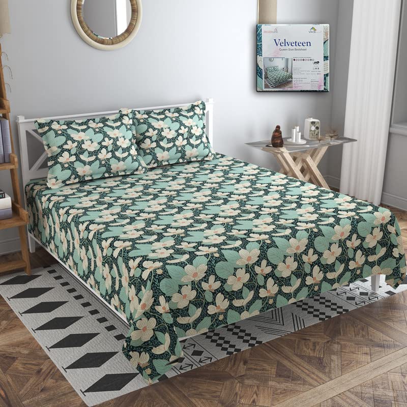 BSB HOME Velveteen Double Bedsheets with 2 Pillow Covers | Luxury Soft Sheets, Breathable, Book-Fold Gift Packing (3 Piece Set, 90 x 100 Inches, Flower Print Green, Cotton) (B0C346SDMK) Amazon Price History, Amazon Price Tracker