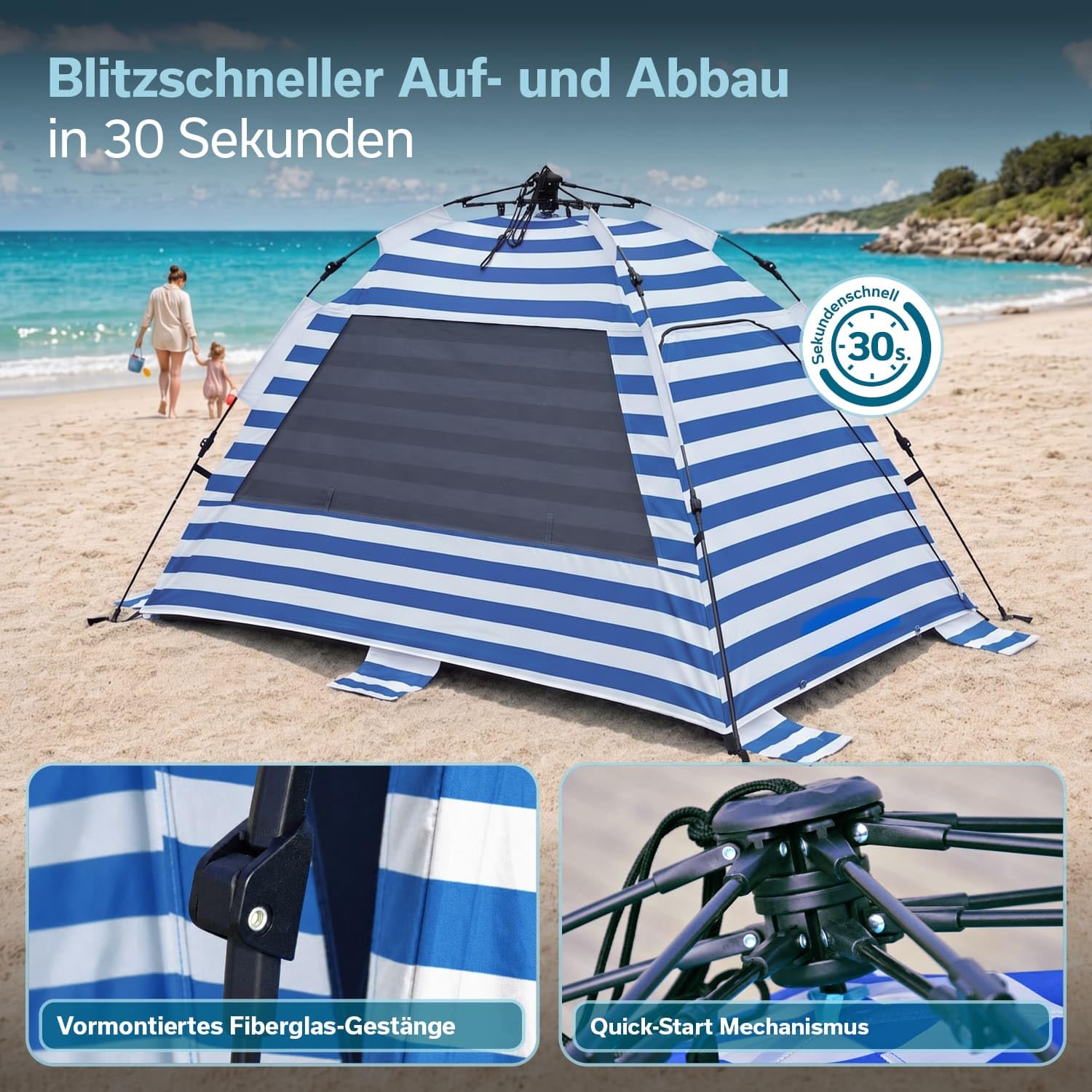 Skandika Strandmuschel Skugga Quick-Start | Strandzelt, UV-Schutz 80+, rundum verschließbar, Windschutz, Sonnenschutz, Sichtschutz, Quick-Up, Sandheringe | Strand Zelt groß für Familie, Kinder