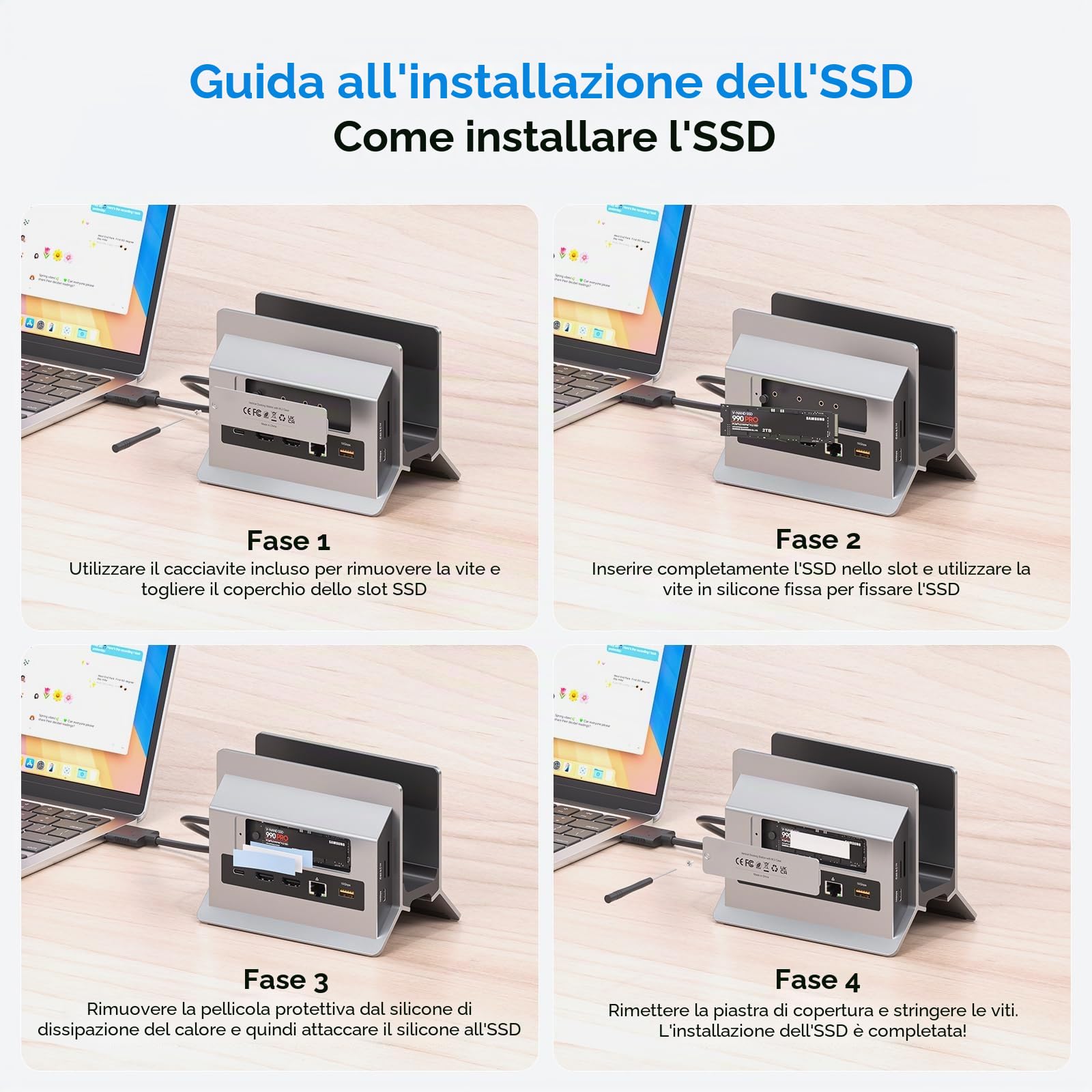 MacBook Docking Station Dual Monitor, Docking Station USB C per laptop con 2 HDMI 4K@60Hz, USB A/C 10Gbps, PD, Ethernet, M.2 SSD Case, Vertical Dock Stand SD/TF per MacBook Pro Air M3 M4 M5