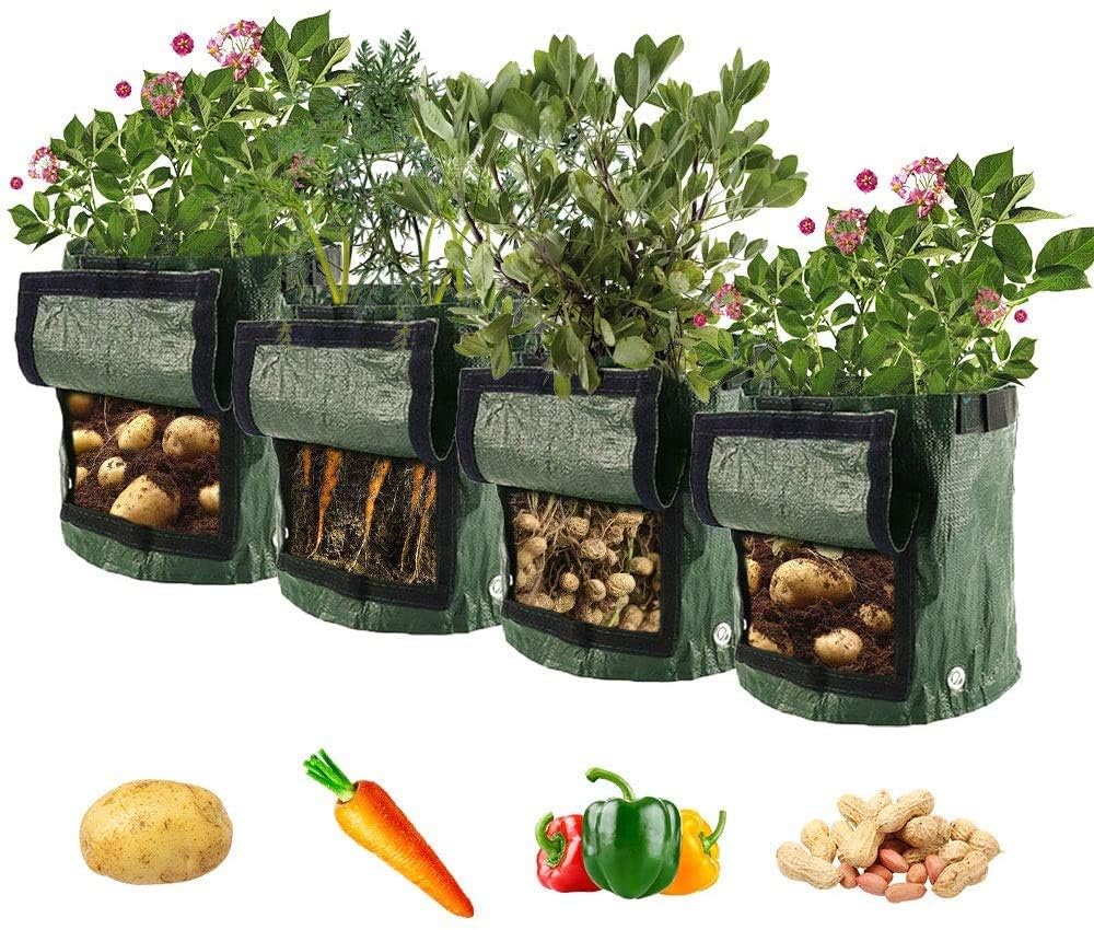 Qinglang 4Pcs 4Pack Potato Grow Bags 10 Gallon Plant Growing Bags For Vegetables Durable & Root Friendly Garden Bags With Strap Handles And Access Flap Window For Potatoes, Carrots, Tomatoes, Strawberry (4Pcs)