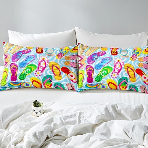 Miniatura 6 de Coloridas chanclas bajeras tamaño matrimonial, juego de ropa de cama de vacaciones de playa oceánica de 3 piezas para decoración de habitación de