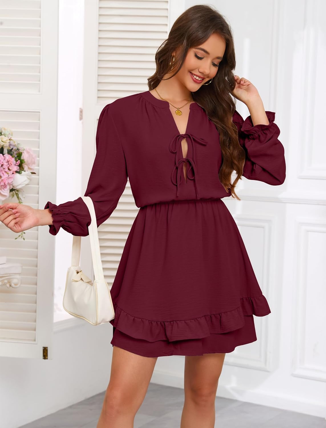 Angashion Womens Tie Front Mini Dress: V Neck Long Sleeve Layer Ruffle Hem Dress with Pockets - Image 6