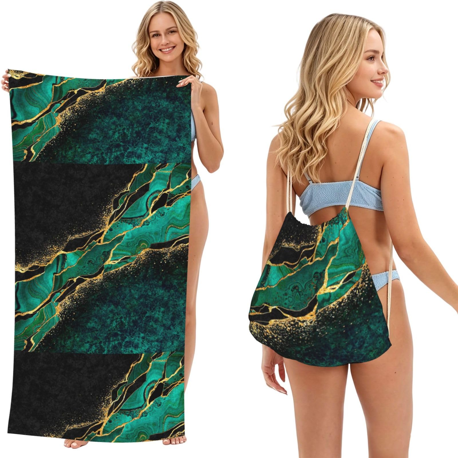 Poadnly As Picture Black Teal Marble Green Malachite With Golden Veins Gold Spots, 2 In 1 Packable Towel Bag, Beach Towels With Drawstring Backpack For Travel Holiday Camping