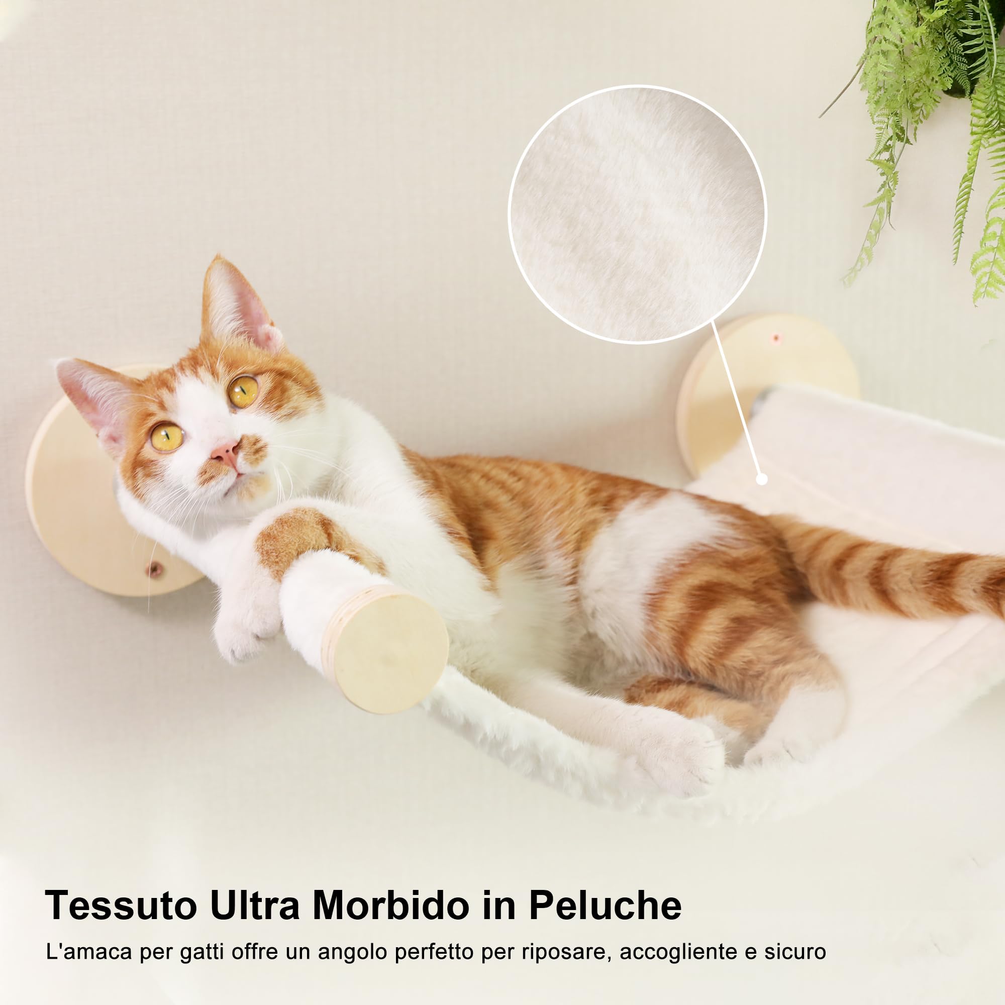 FUKUMARU Mensole da Parete per Gatti, Set Arrampicata per Gatti da Parete di 5 Pezzi, Piattaforme in Legno Stabile, Amaca, Casetta, Scalini e Tiragraffi Integrato - Design Moderno Beige