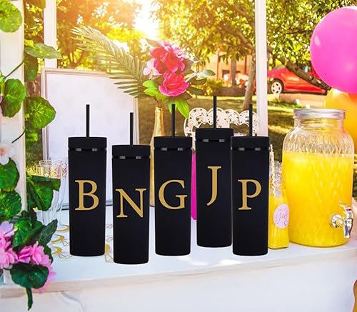 Miniatura 5 de Vaso delgado personalizado de la letra K, vasos delgados de 16 onzas con inicial mate con tapas y popotes. Vasos delgados personalizados, regalos de