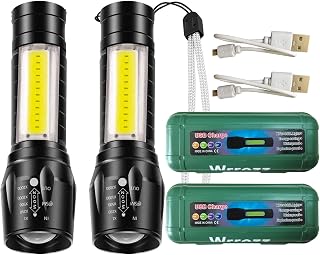 Led Flashlight Rechargeable USB Torch Mini Small Light Super Bright Handheld Tiny Portable Pocket Flash Light with COB Side Searchlight High Lumens Zoomable Emergency Camping Accessories 2 Pack
