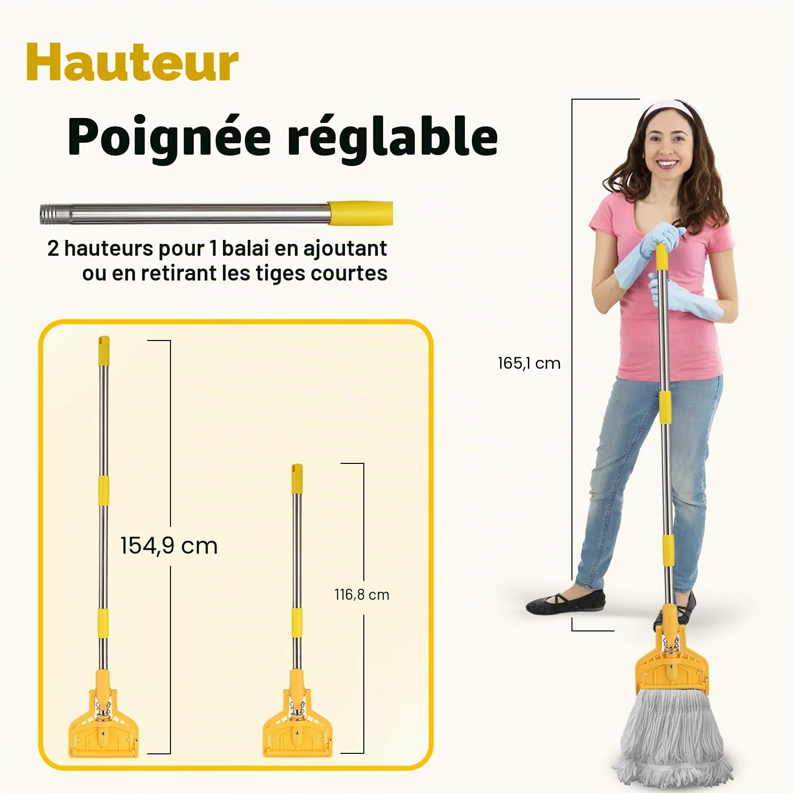 Balai à Franges Industriel Commercial avec poignée de 154,9 cm, serpillère Robuste pour Nettoyage de Sol, Balai Humide avec Longue poignée réglable en Acier Inoxydable pour la Maison, Le Garage, Le