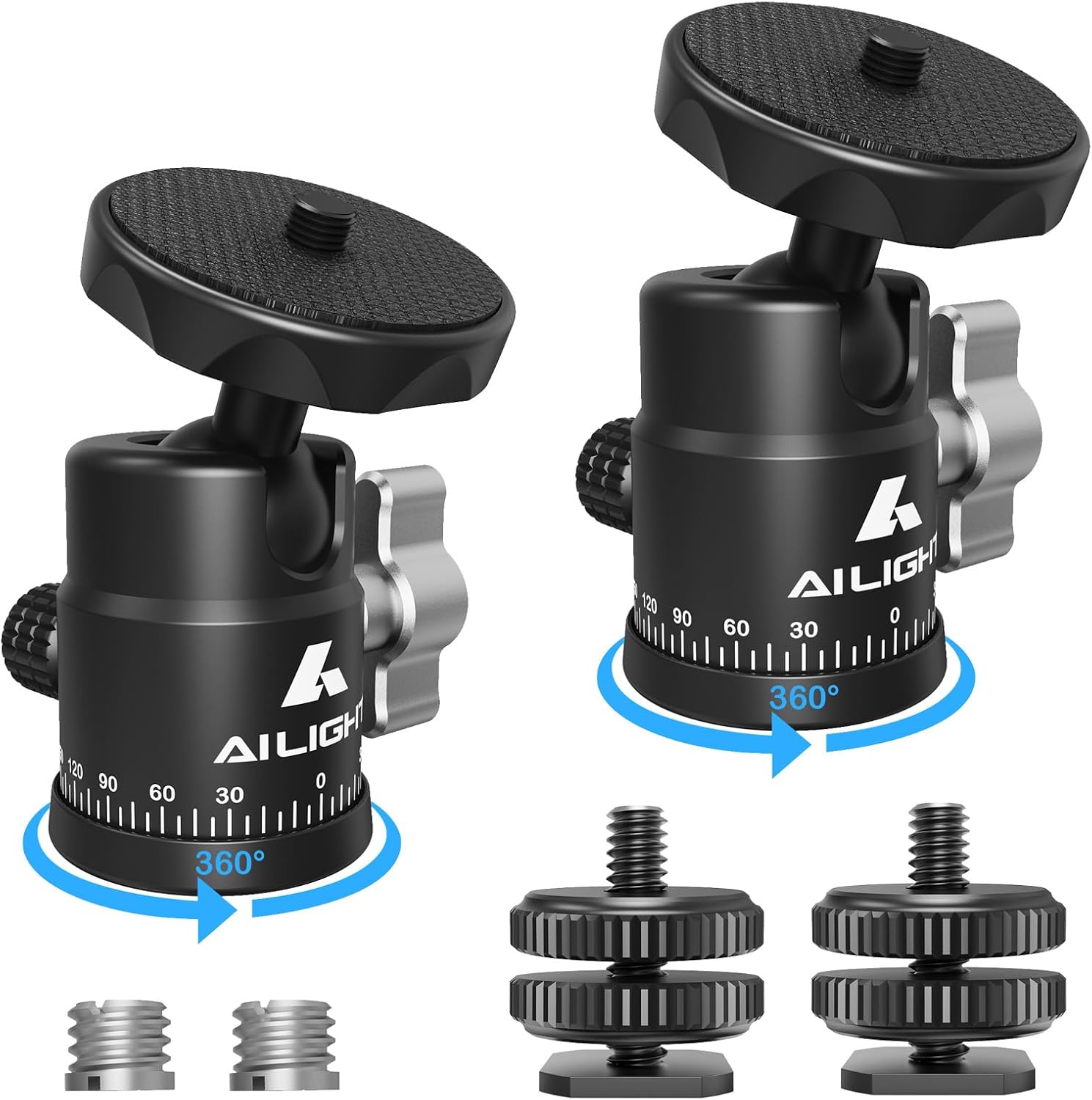 Ailight Mini Ball Head, 360° Panoramic Tripod Head, Universal 1/4" to 3/8" Screw Adapter Swivel Mini Ball Head Screw Tripod Mount, Dual Cold Shoe Mount for DSLR Cameras Camcorder（2 Pack