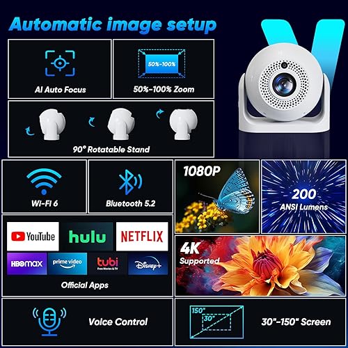 Miniatura 2 de Mini proyector con WiFi y Bluetooth enfoque automático y proyector portátil inteligente Keystone vertical Android 13 con aplicaciones integradas