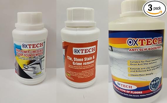 OXTECH Combo Offer | High Power Tile Cleaner 250ml | Tap Faucet Cleaner Lime Scale Remover 250ml | Heavy Duty Floor Cleaner and antiskid Booster 1L