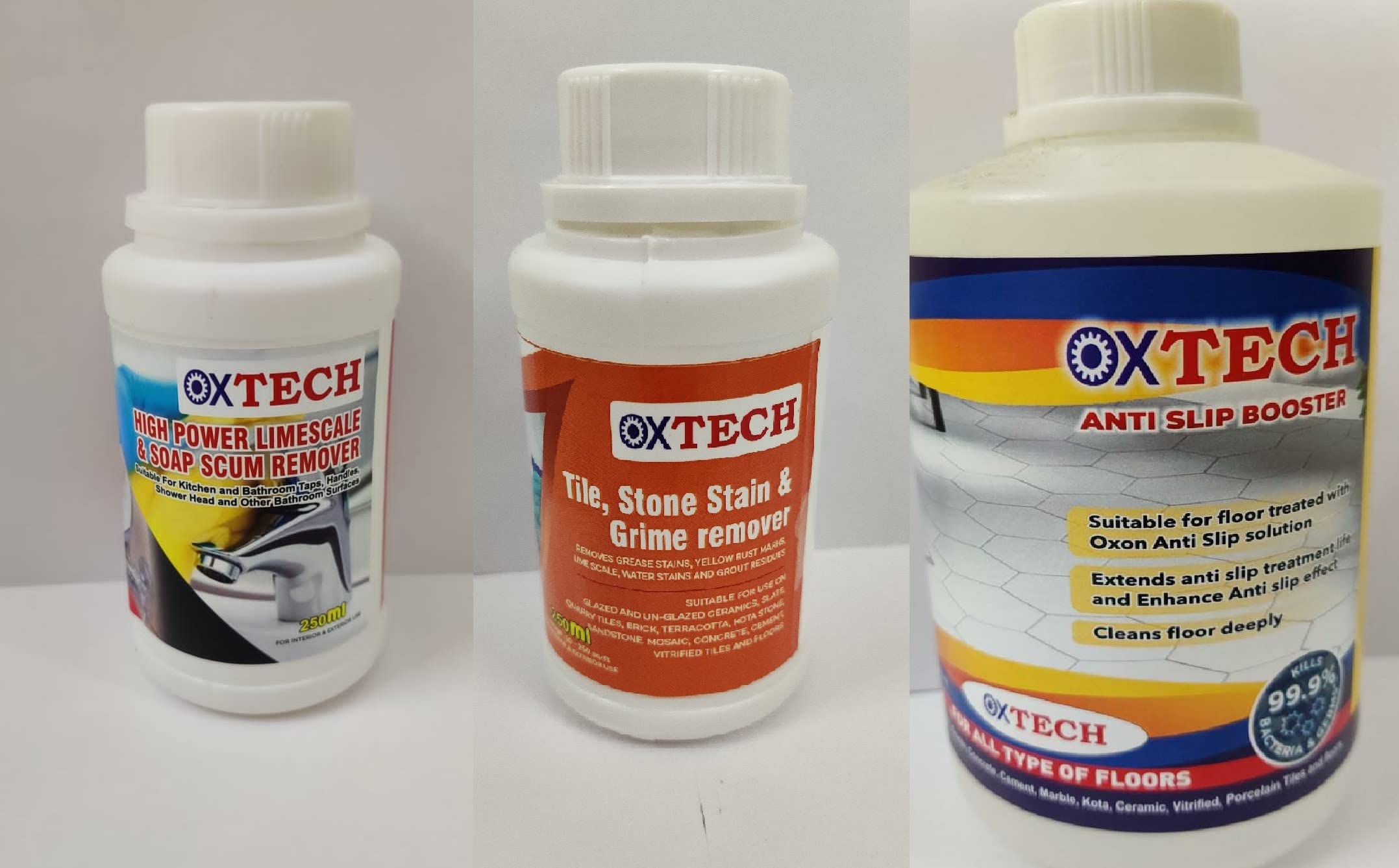 OXTECH Combo Offer | High Power Tile Cleaner 250ml | Tap Faucet Cleaner Lime Scale Remover 250ml | Heavy Duty Floor Cleaner and antiskid Booster 1L