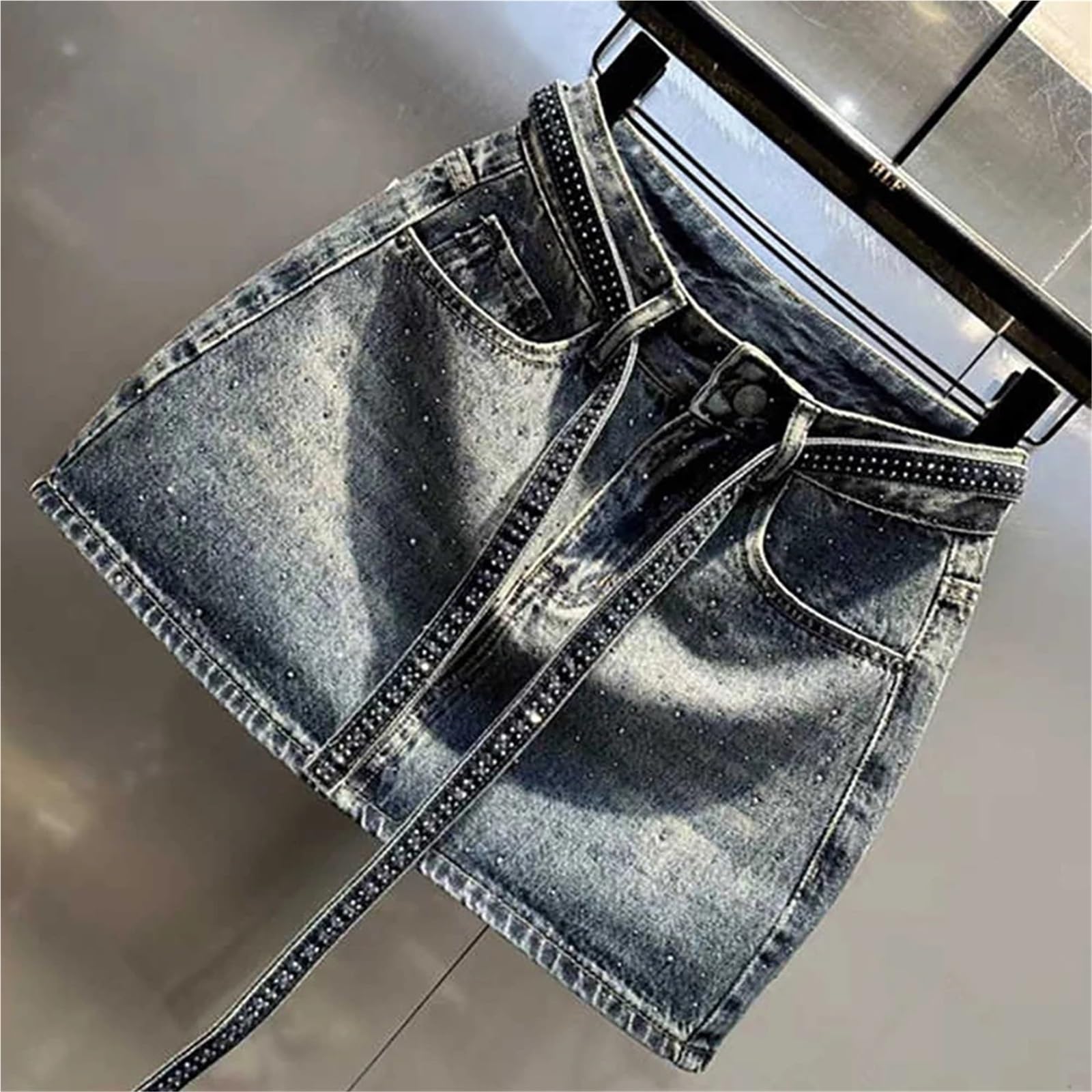 Minigonna in Denim con Diamanti retrò Oversize da 1 Pezzo for Le Donne, Vita Estiva, gonne Sottili Rivetti Lucidi, Jean sfumate per Vacanze E Feste