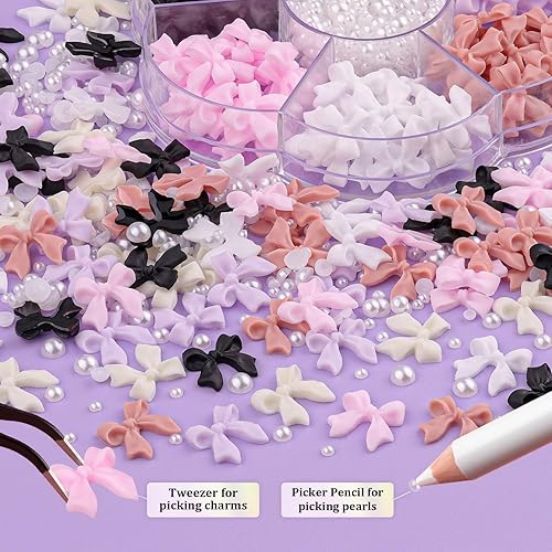 Miniatura 3 de Juego de 120 dijes de lazo de uñas 3D + perlas de uñas de 0.079 a 0.178 pulgadas, 1, 6 colores lindos dijes de lazo y perlas blancas con cola de gel