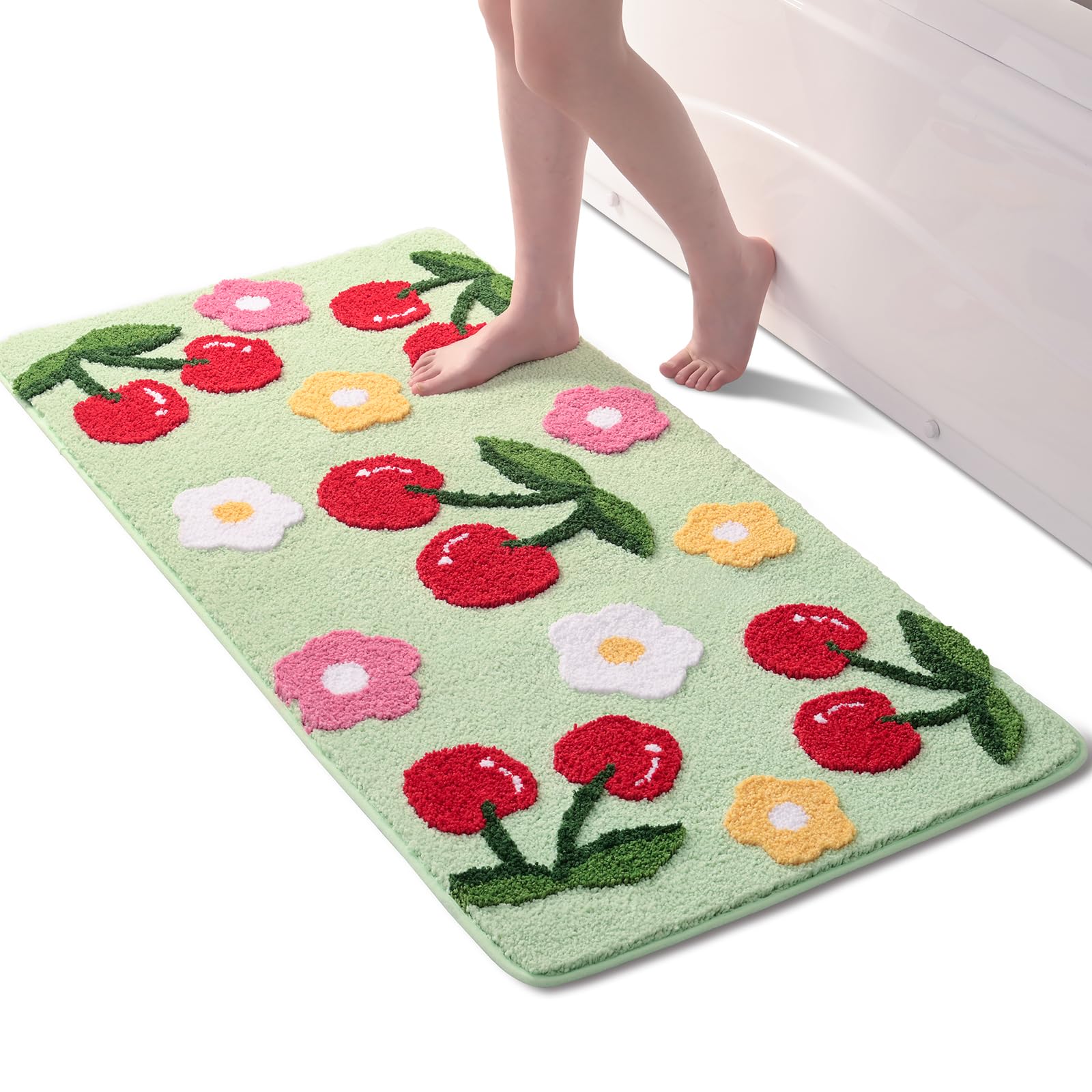 Anybar Badezimmerteppich, niedlicher Kirsch-Badematte, bunt, Badezimmerzubehör, lustige Blume, rutschfeste Bodenmatte, maschinenwaschbar, Badteppich, weicher Mikrofaser-Teppich für Dusche, Badewanne