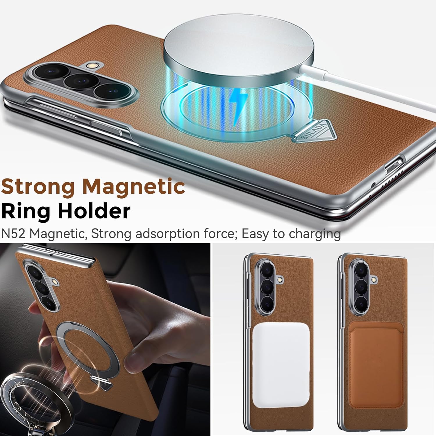 for Samsung Galaxy Z Fold 7 Case with Magnetic Ring, Business Premium Leather Flip Cover Card Slot Hard PC Inner Cover Slim Magnetic Close Folio Case for Z Fold 7 Brown