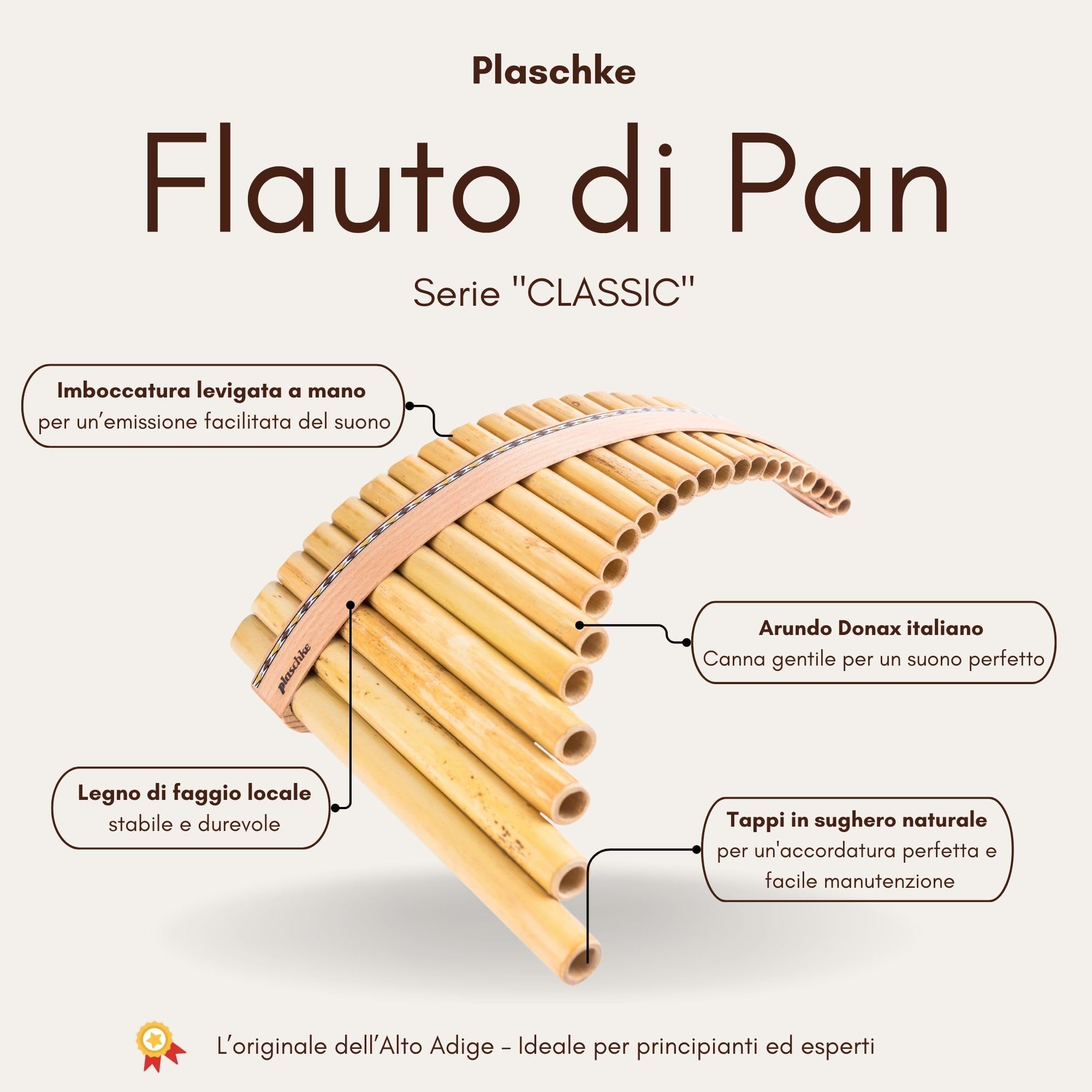 Plaschke Flauto di Pan 12 Note in Do Maggiore - Set per Iniziare con Manuale - Qualità Artigianale Altoatesina - Canna Naturale