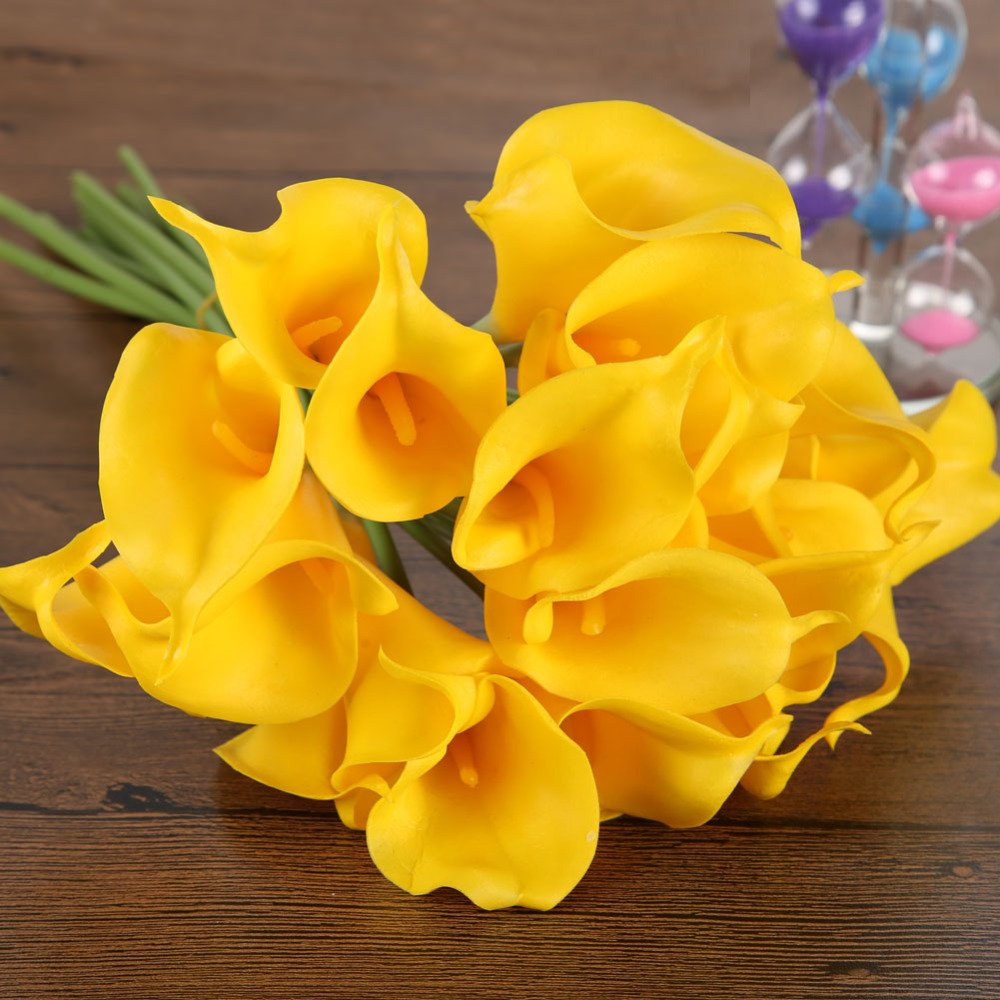 Roossys 10pcs Artificial Flowers Calla Lily Home Decoration Wedding Party Supplies Bridal Bouquet Artificial Flowers Home Decoration Weddings Artificial Decorations Real Touch (Yellow)