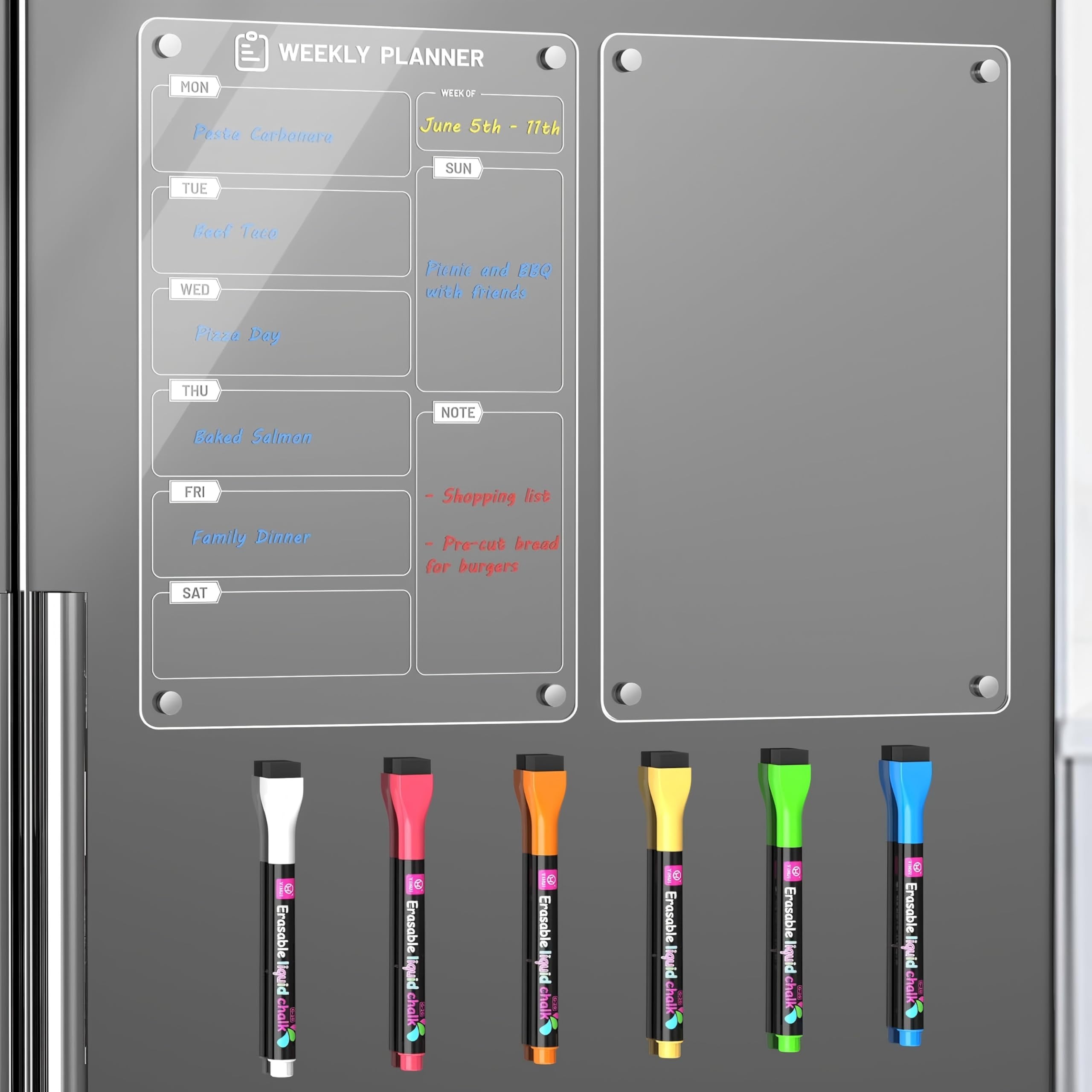 Langaelex 2 Set of Acrylic Meal Planner for Fridge - Magnetic Weekly Menu Board with 6 Chalk Markers for to-Do List, Shopping List and Chore Chart -