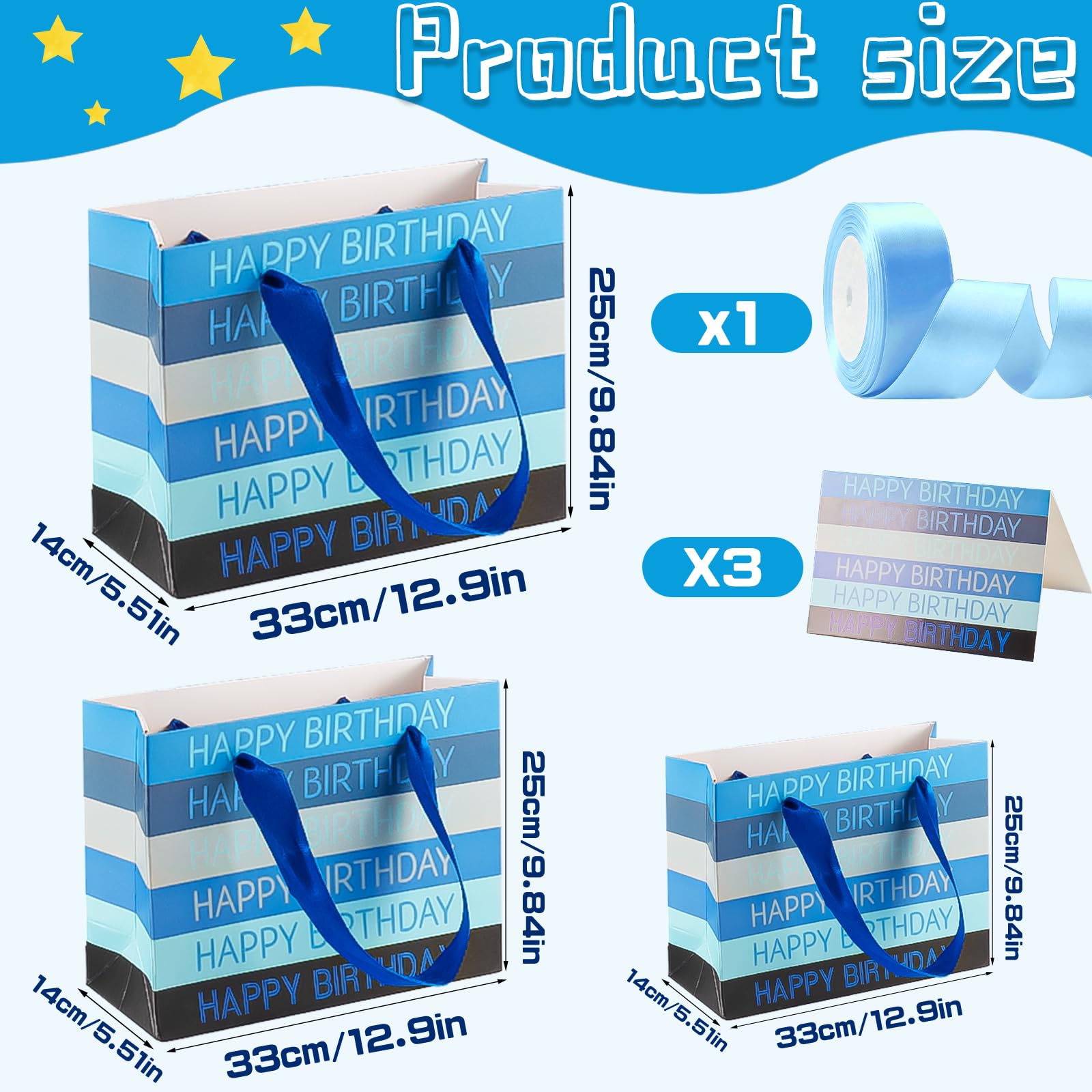 Blue Birthday Gift Bags Set - Large Medium Small Bags With Tissue And Cards