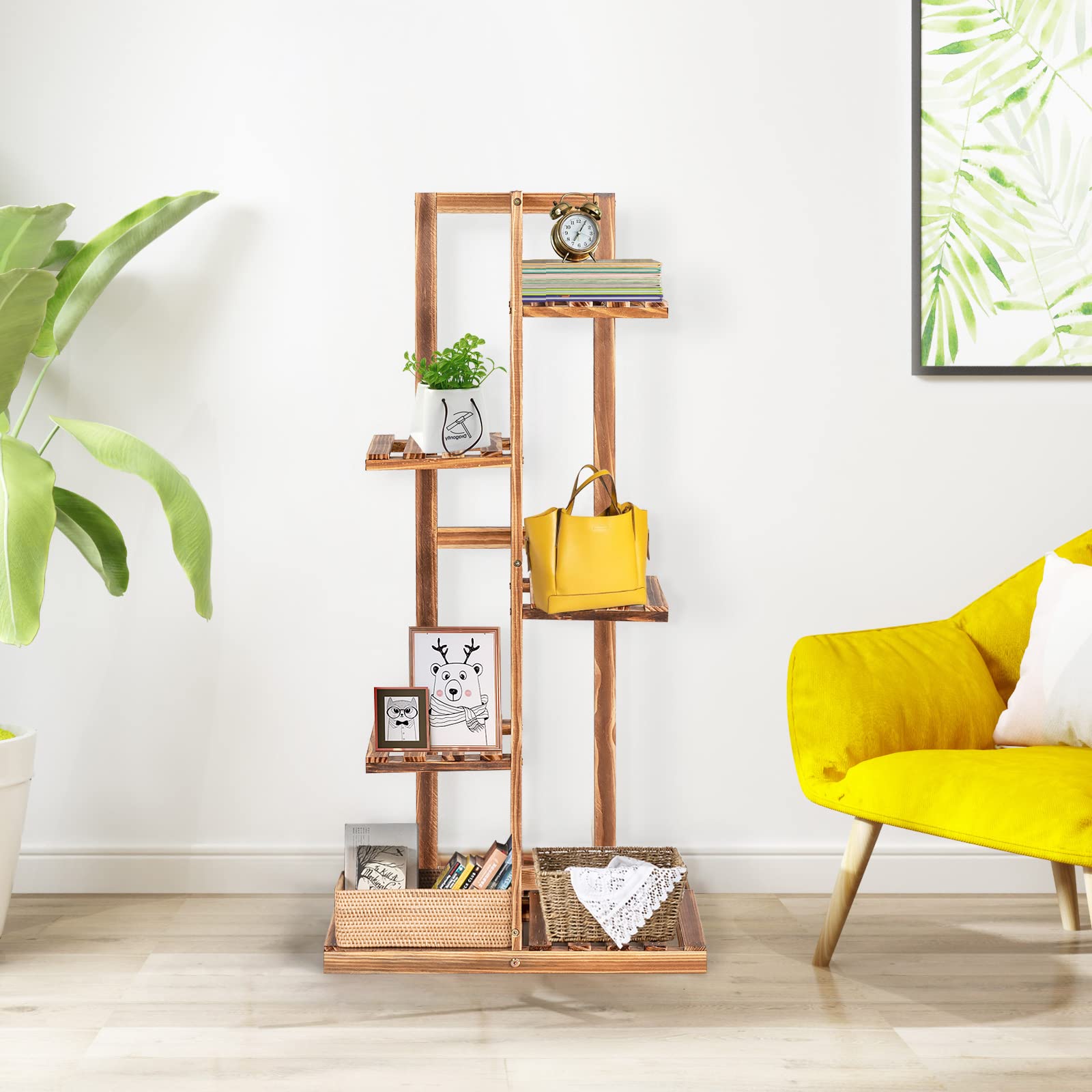 KOMFOTTEU Support de Plantes en Bois de Pin, Étagère à Pot de Fleurs, Porte Plante Intérieur, Design en Escalier, Protection Anti-basculement, pour Balcon, Jardin, Salon (5 Niveaux, 50 x 21 x 103 cm)