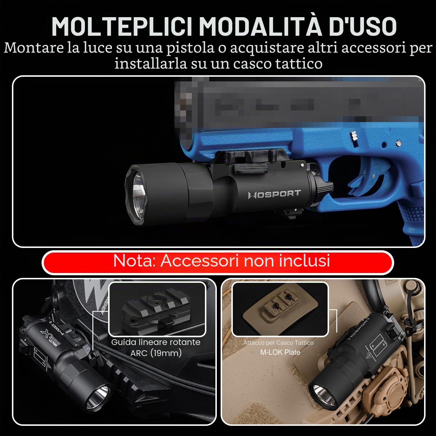 Zhongren X300 - Torcia tattica per softair, 800 lumen, 2 modalità, luce costante/momentanea, colore: Nero
