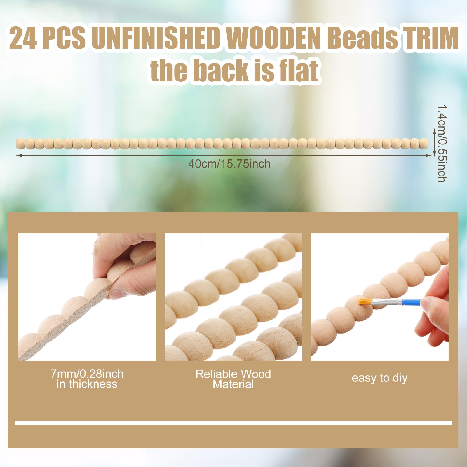 Nuanchu 24 cuentas decorativas de madera de 15.75 pulgadas, sin terminar, cuentas decorativas 3D de perlas, lindas molduras de bricolaje para la pared del hogar, gabinete, estante, ventana, puerta