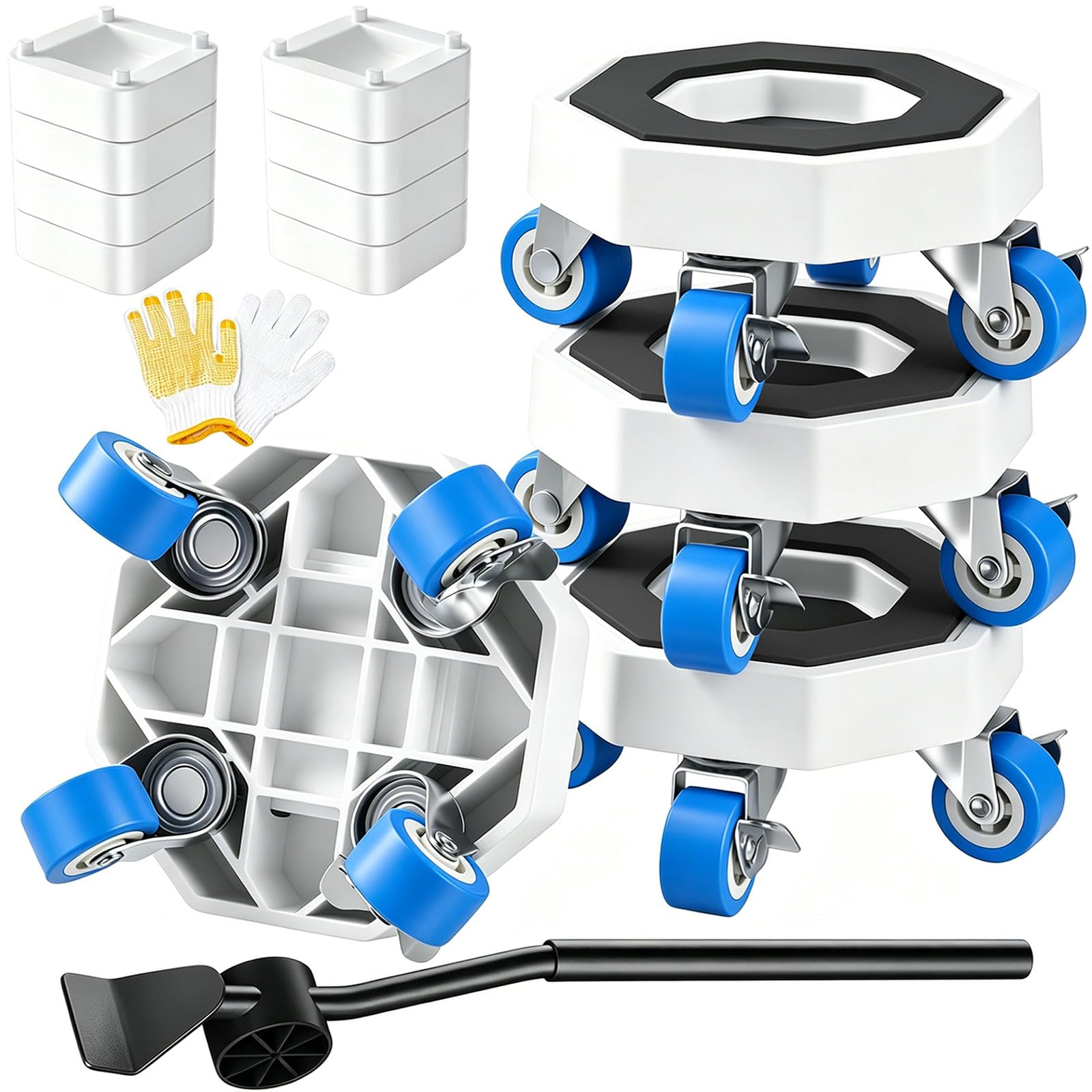 Furniture Sliders Moving Kit with with Brakes, Pry Bar & 4 Heightening Modules, Heavy Duty Furniture Moving Wheels Furniture Mover Tool Set for Freezer Fridge Sofa Cabinet Bed, 1100Lbs Max Load