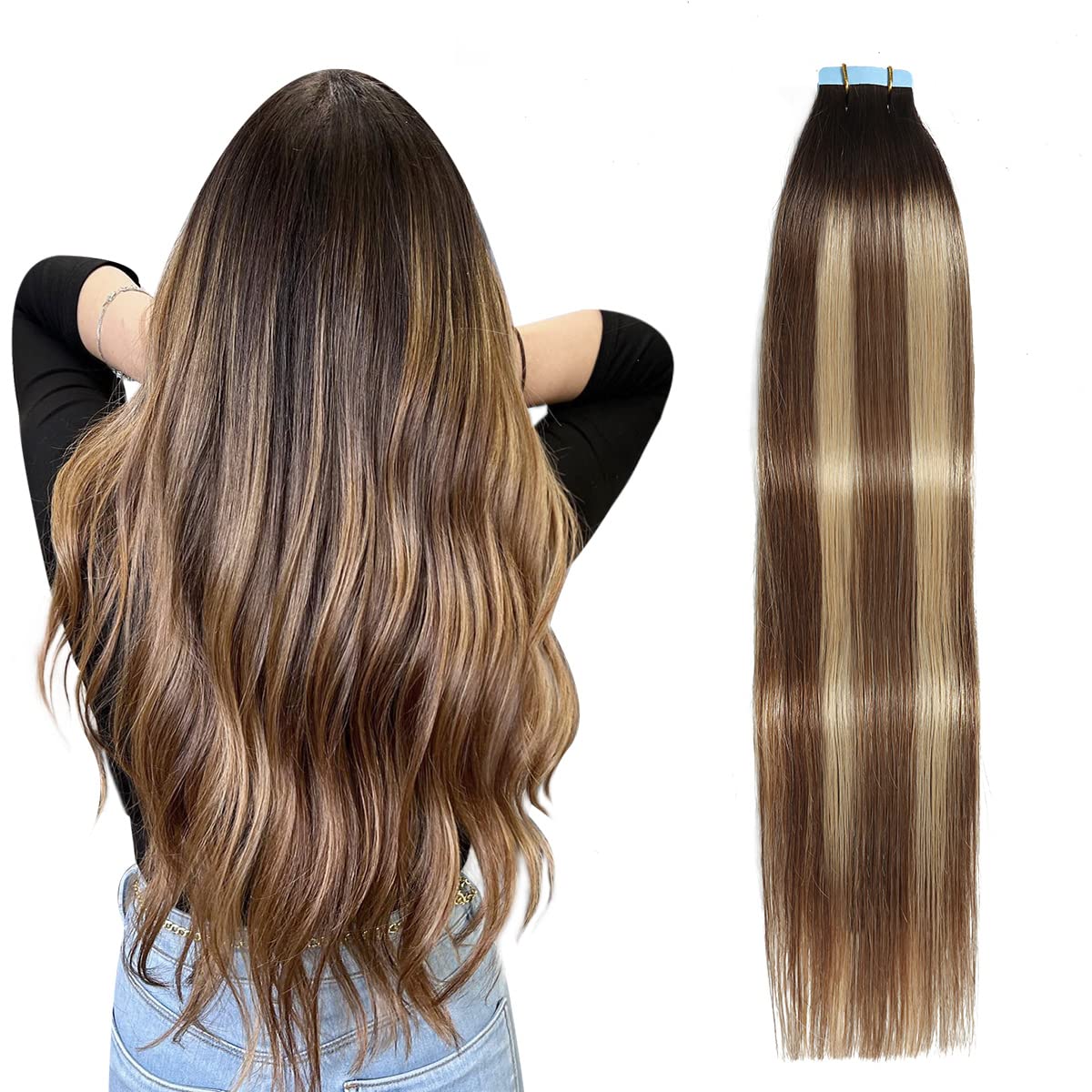 SUYYA Tape in Hair Extensions Human Hair Balayage Darkest Brown to Chestnut Brown and Light Blonde 18 Inch 50g/pack 20pcs Straight Seamless Skin Weft