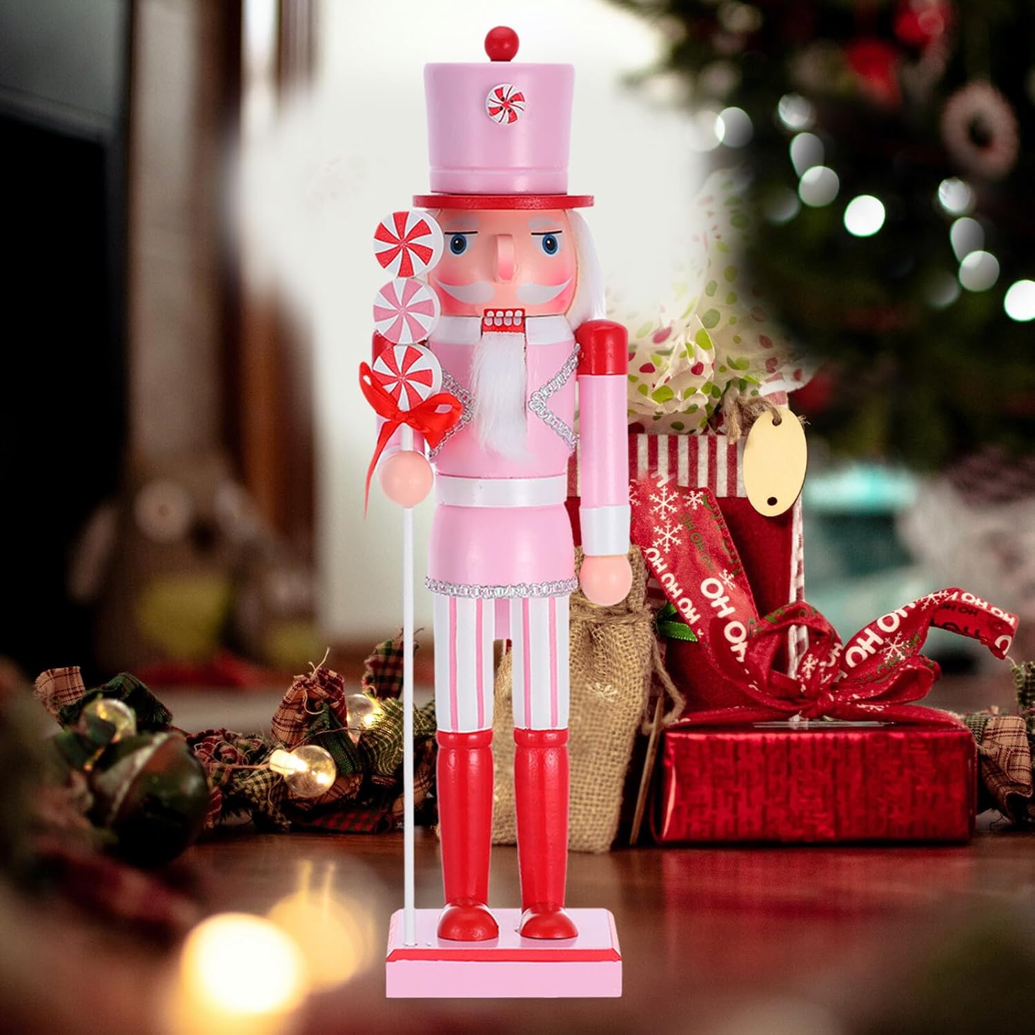 Pink Lollipop Nutcracker Soldier Figurine Wooden Christmas Nutcracker Ornament Candy Theme Tabletop Decoration for Holiday Shelves and Home