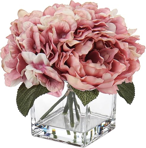Pink Fake Flowers with Vase Hydrangea Artificial Flowers in Vase Peony Faux Flowers in Vase Rose Silk Flowers Peonies Floral Arrangements Artificial with Vase for Home Office Table Shelf Decoration