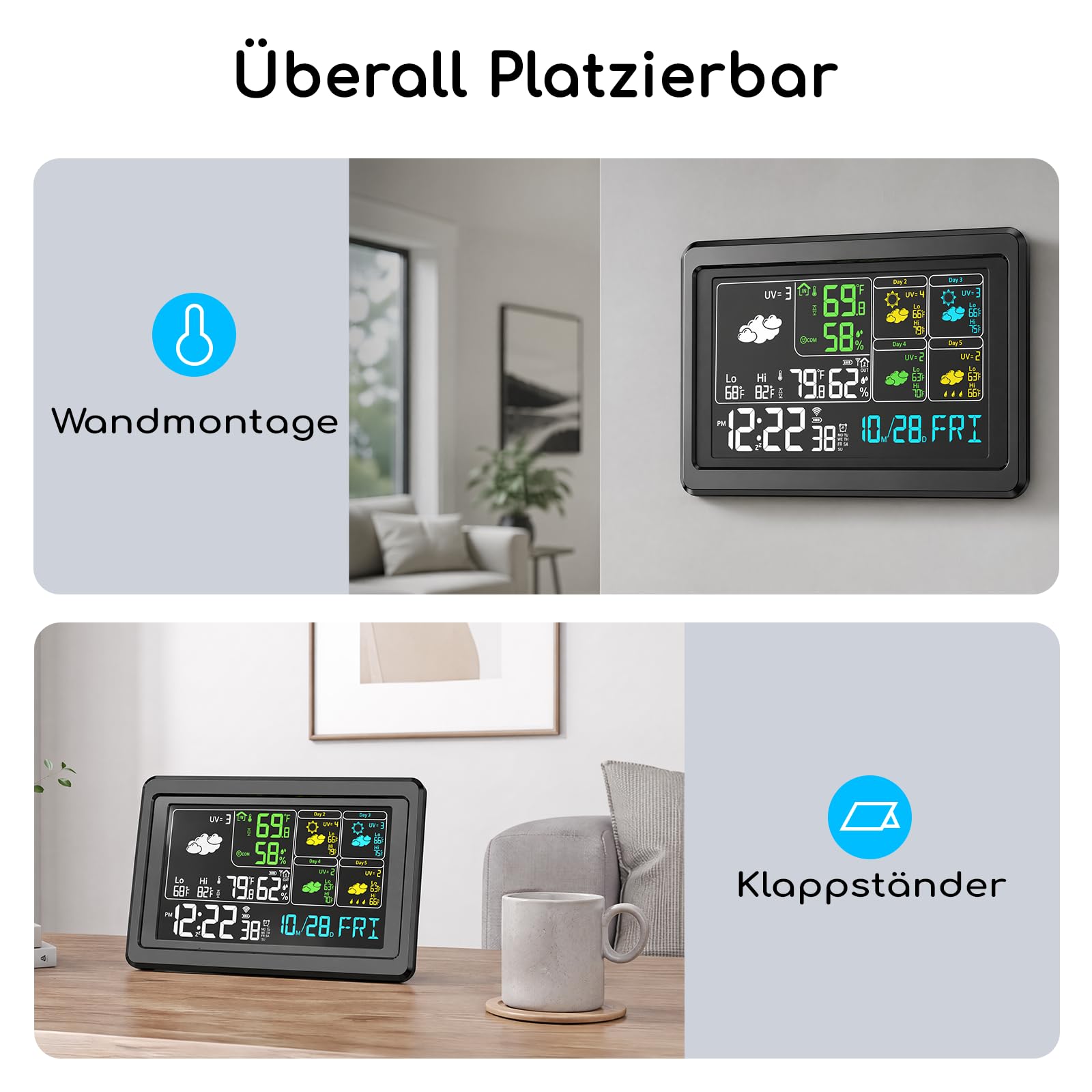 Wetterstation Funk mit Außensensor,Innen und Außentemperatur Funk | Farbdisplay,Innen & Außentemperatur, Luftfeuchtigkeit, Luftdruck, Wettervorhersage,wlan wetterstation,60m Funkreichweite