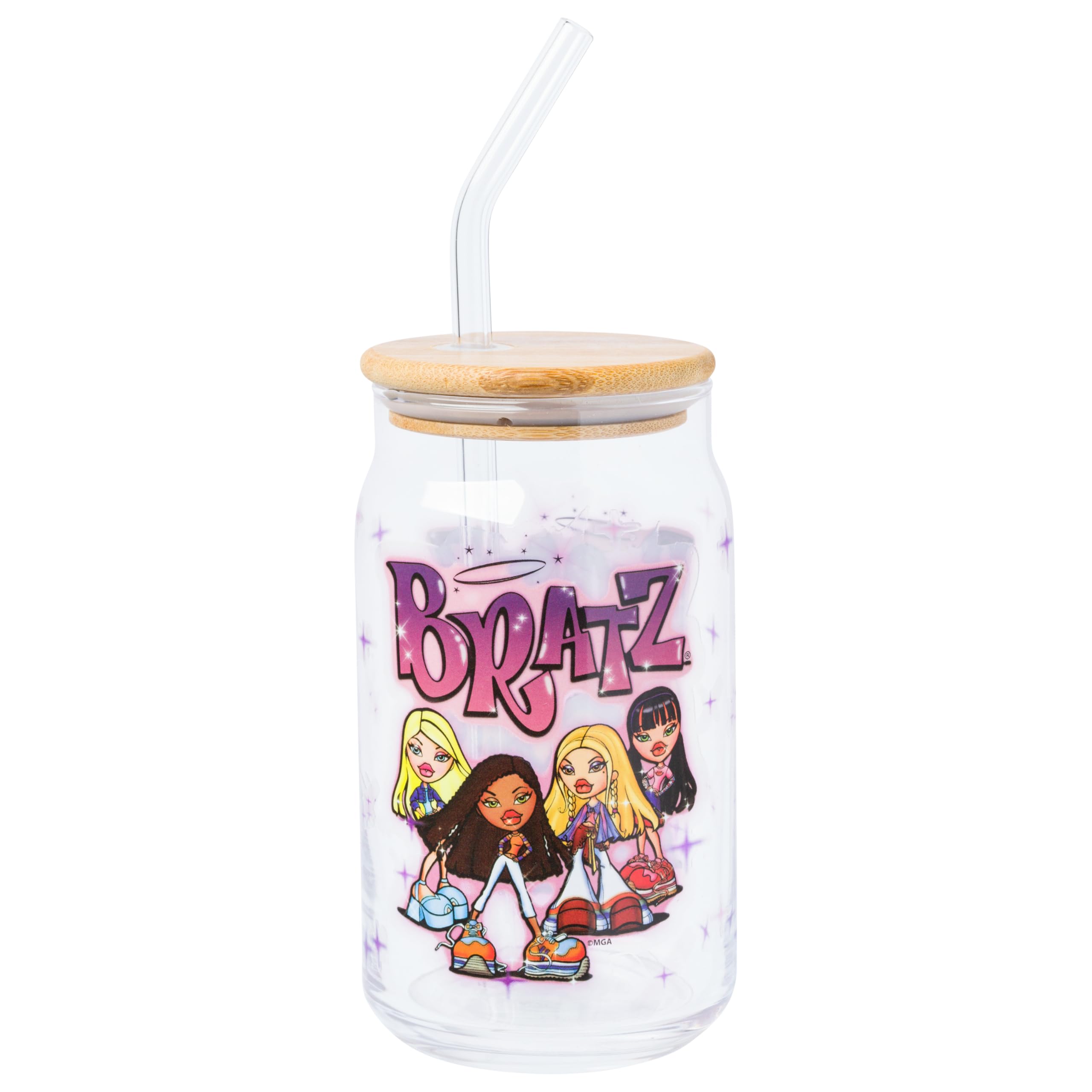 Vaso de vidrio Bratz de 473 ml con pajita de vidrio y tapa para café helado y smoothies
