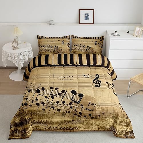 Juego de ropa de cama con teclas de piano, edredón de notas musicales para niños, niñas, adolescentes, juego de edredón musical de papel antiguo,