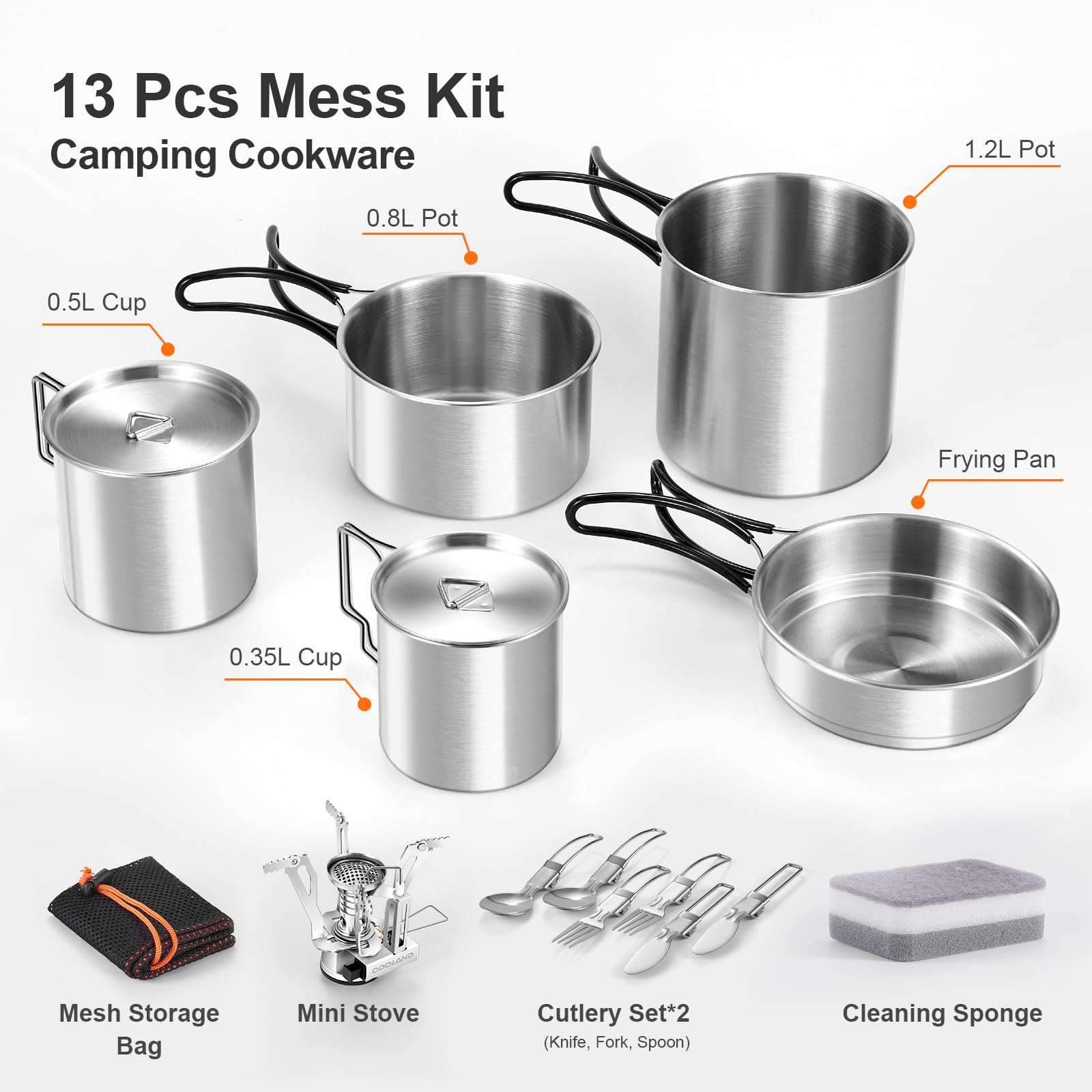 Odoland Pentola da Campeggio in Acciaio Inox, Pentola Pieghevole e Impilabile per Outdoor, Set di Gavetta Scout per Campeggio Escursioni Picnic