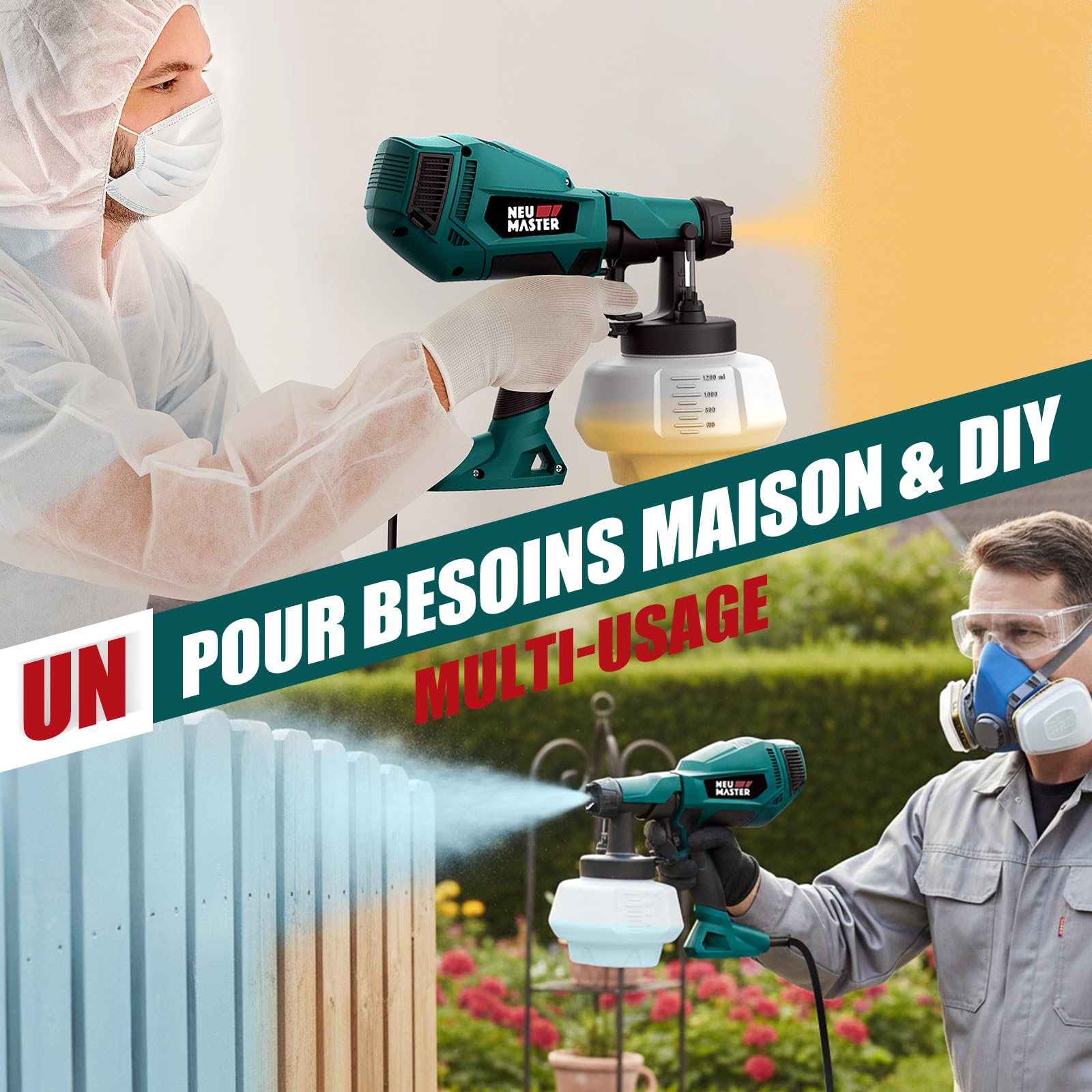 Pistolet a Peinture - NEU MASTER Pistolet à Peinture Électrique avec 4 Buses, 3 Modèles & 1200ml Réservoir pour Meubles, Murs, Portes, Clôtures, Bricolage
