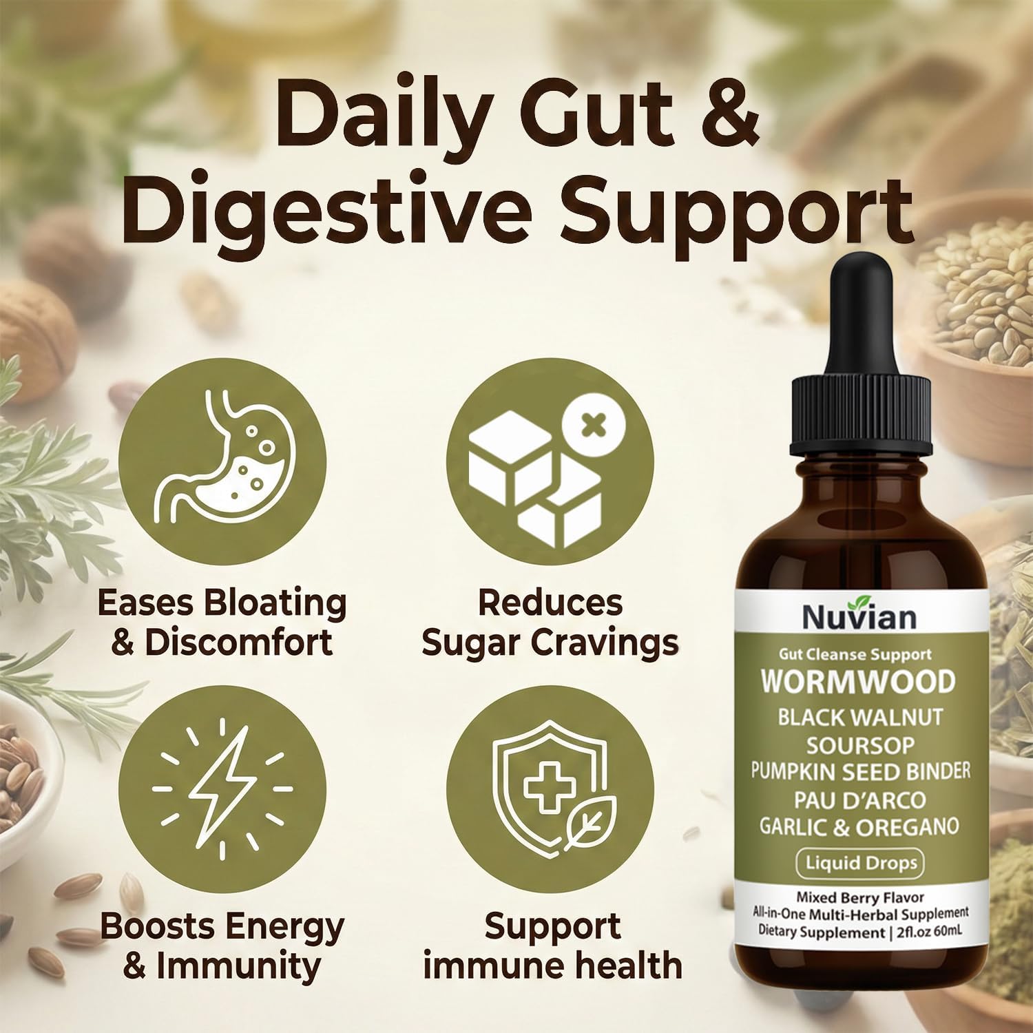 NUVIAN Wormwood Gut Cleanse Liquid Drops, Black Walnut Wormwood Clove Gut Cleanse & Digestive Health with Soursop, PAU D'Arco, Pumpkin Seed, Garlic Oregano, Energy Boost，2 fl oz