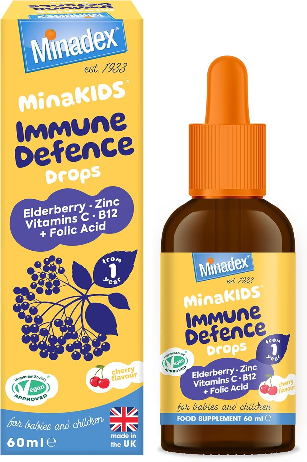 MinaKIDS Immune Defence Drops – Yummy Cherry Flavoured Liquid Supplement for Babies and Children with Elderberry, Zinc, Vitamin C & B12 and Folic Acid, Sugar-Free, Vegan, 60ml