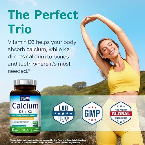 Miniatura 9 de Innate Vitality Paquete de calcio de 1200 mg con D3 y K2 + glicinato de magnesio de 500 mg  Complejo mineral de alta absorción para densidad ósea,