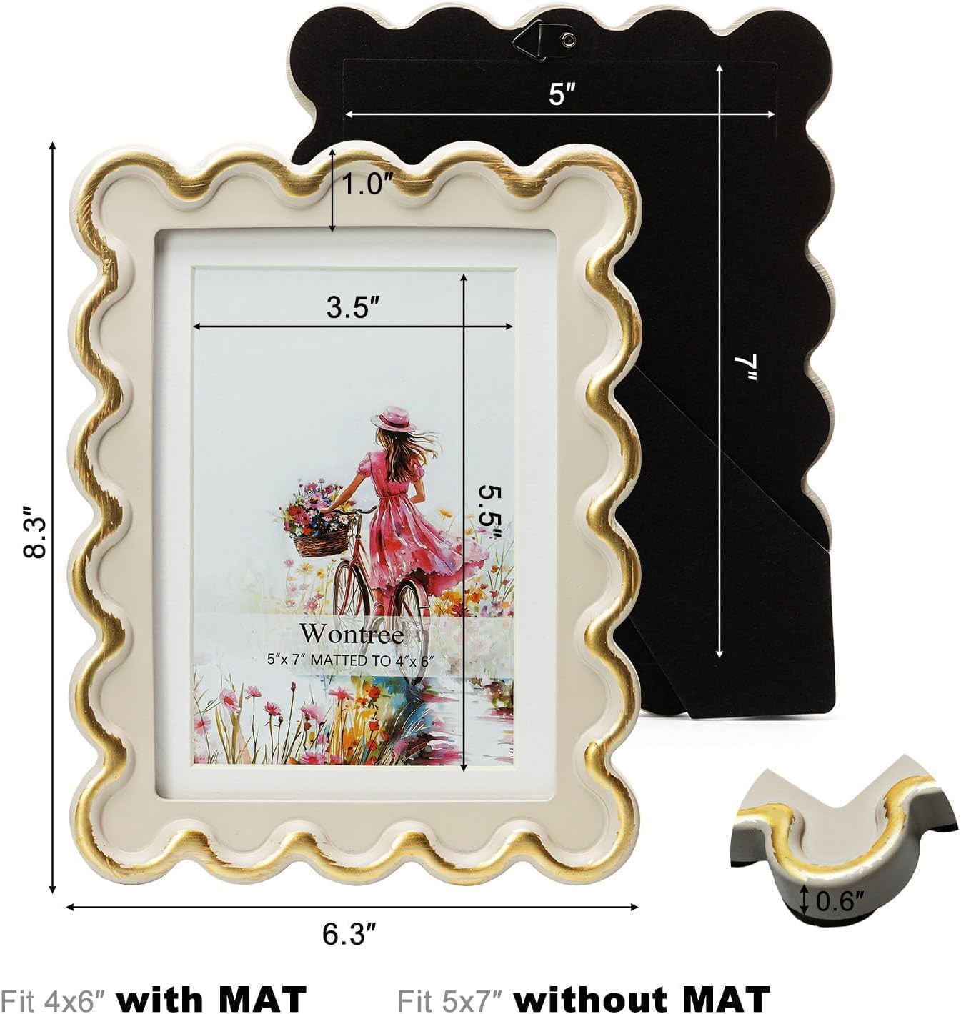 5x7 Picture Frame in Beige with Shinning Gold Wavy Edge, Resin Frame with Real Glass, Display 5x7 Photos Matted to 4x6, Vertical and Horizontal Desk Tabletop or Wall Hanging